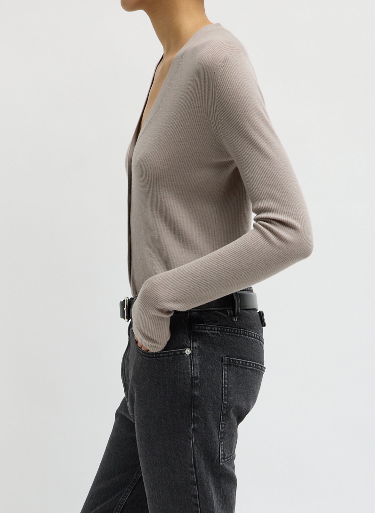 Clay Grey Feather Weight Ribbed V-Neck Cardigan - side view on model
