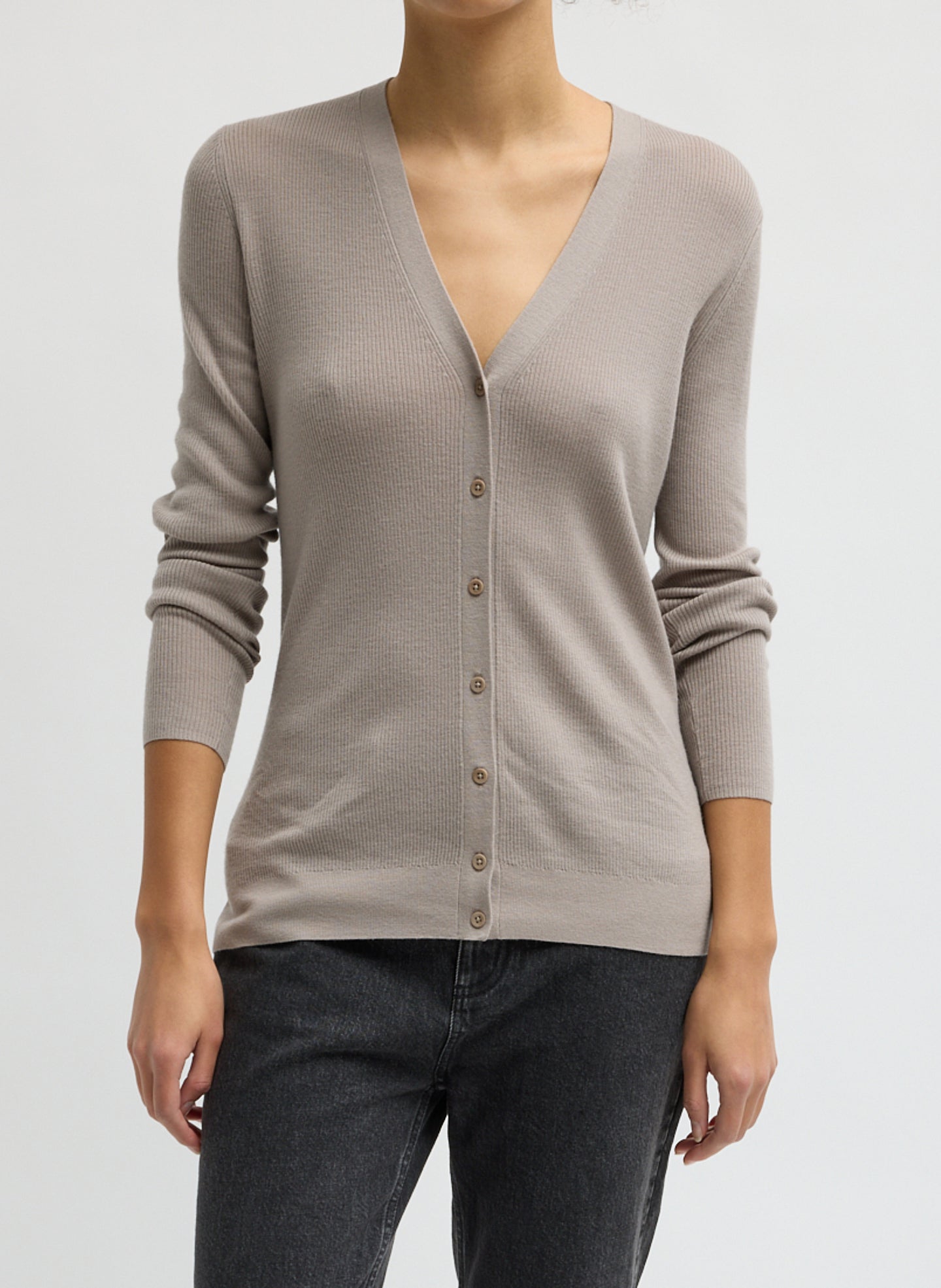 Feather Weight Ribbed V-Neck Slim Cardigan - Clay Grey Feather Weight Ribbed V-Neck Cardigan - front view on model