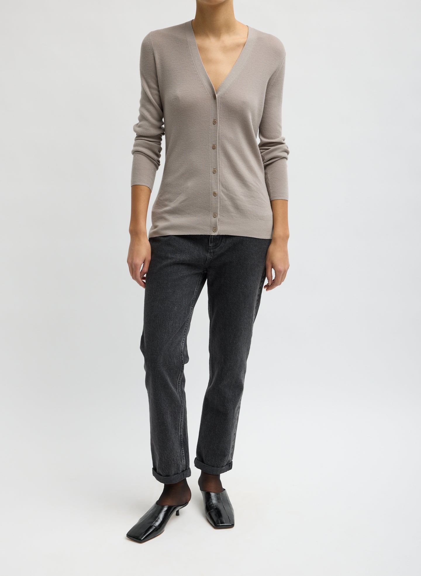Clay Grey Feather Weight Ribbed V-Neck Cardigan - full look, front view on model