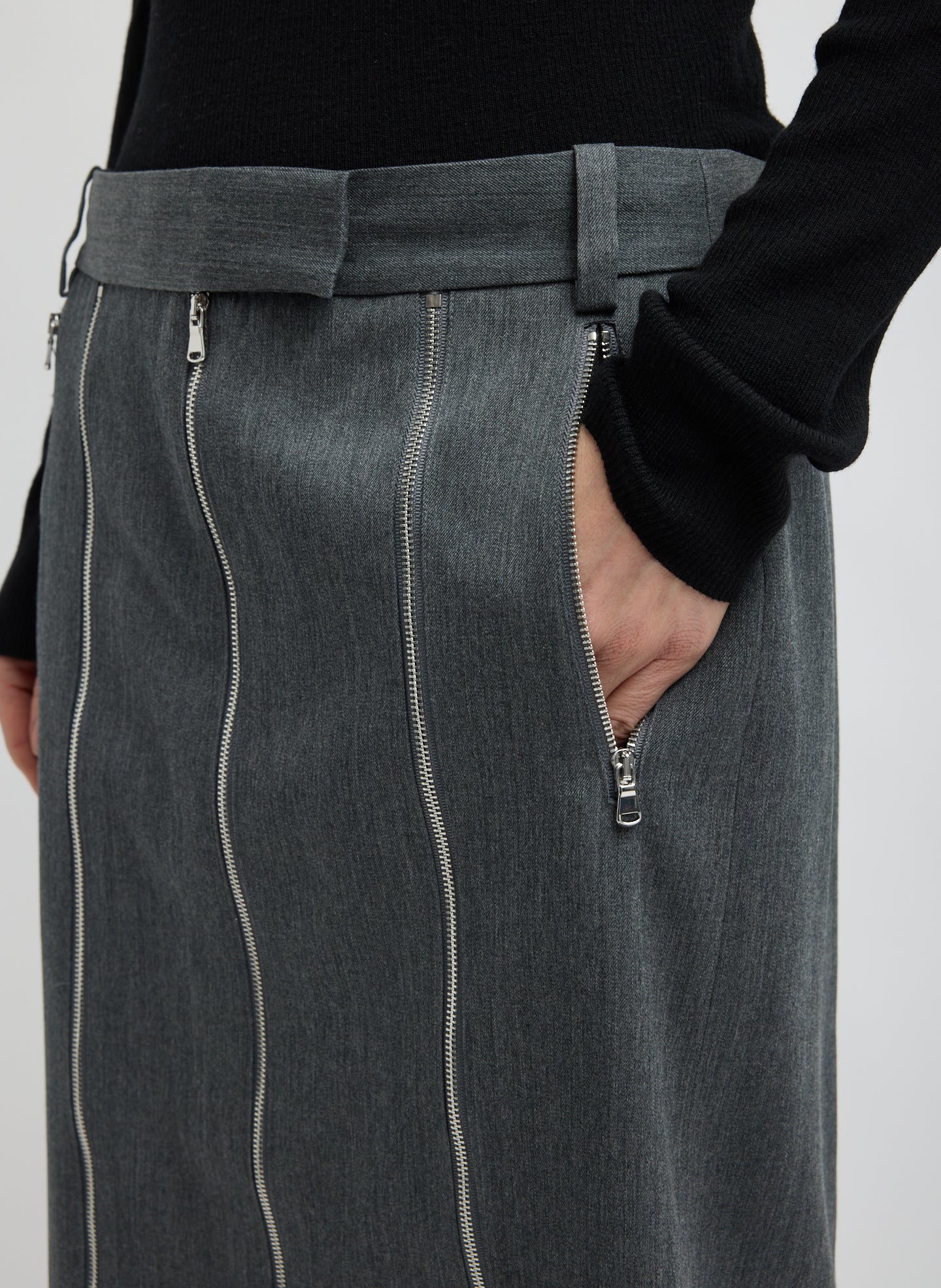 Heather Grey Gossamer Wool Melange Zip Midi Trouser Skirt - closeup of side pocket detail
