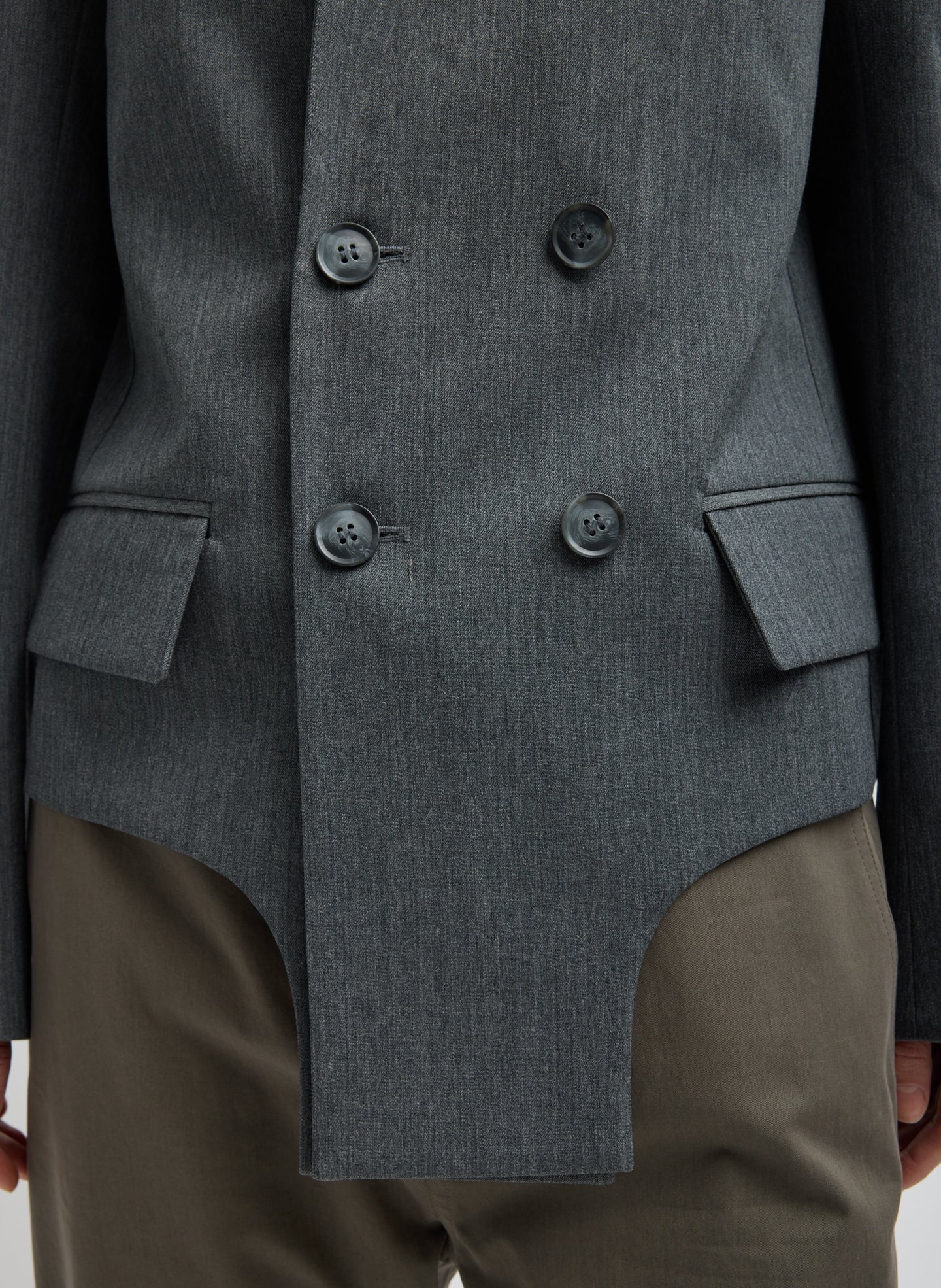 Heather Grey Gossamer Wool Melange Blazer - closeup of button and hem detail