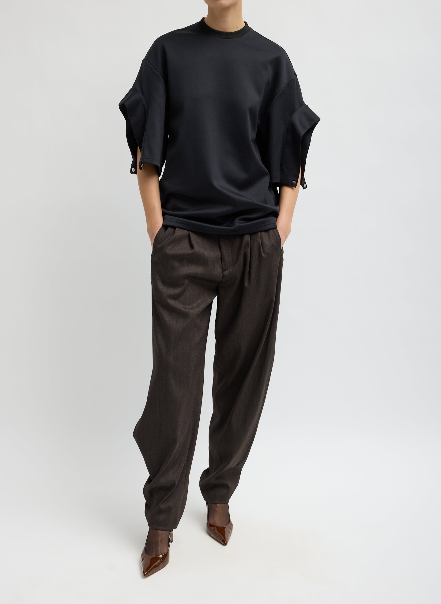 Brown Herringbone Suiting Side Drape Pleated Pant - full look, front view on model