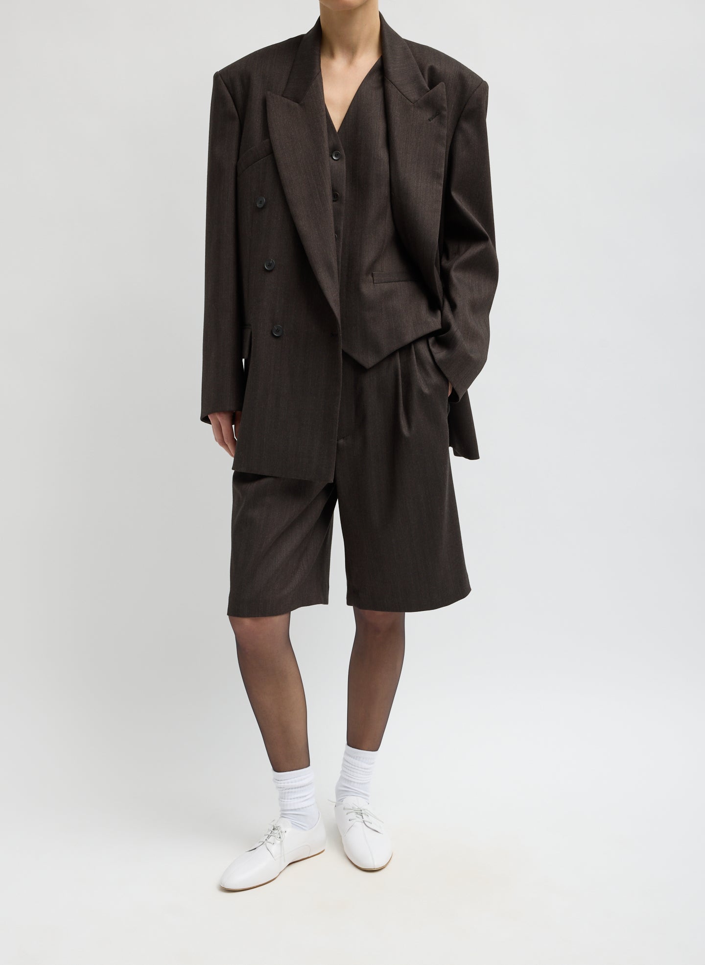 Brown Herringbone Suiting Short - full look, front view on model