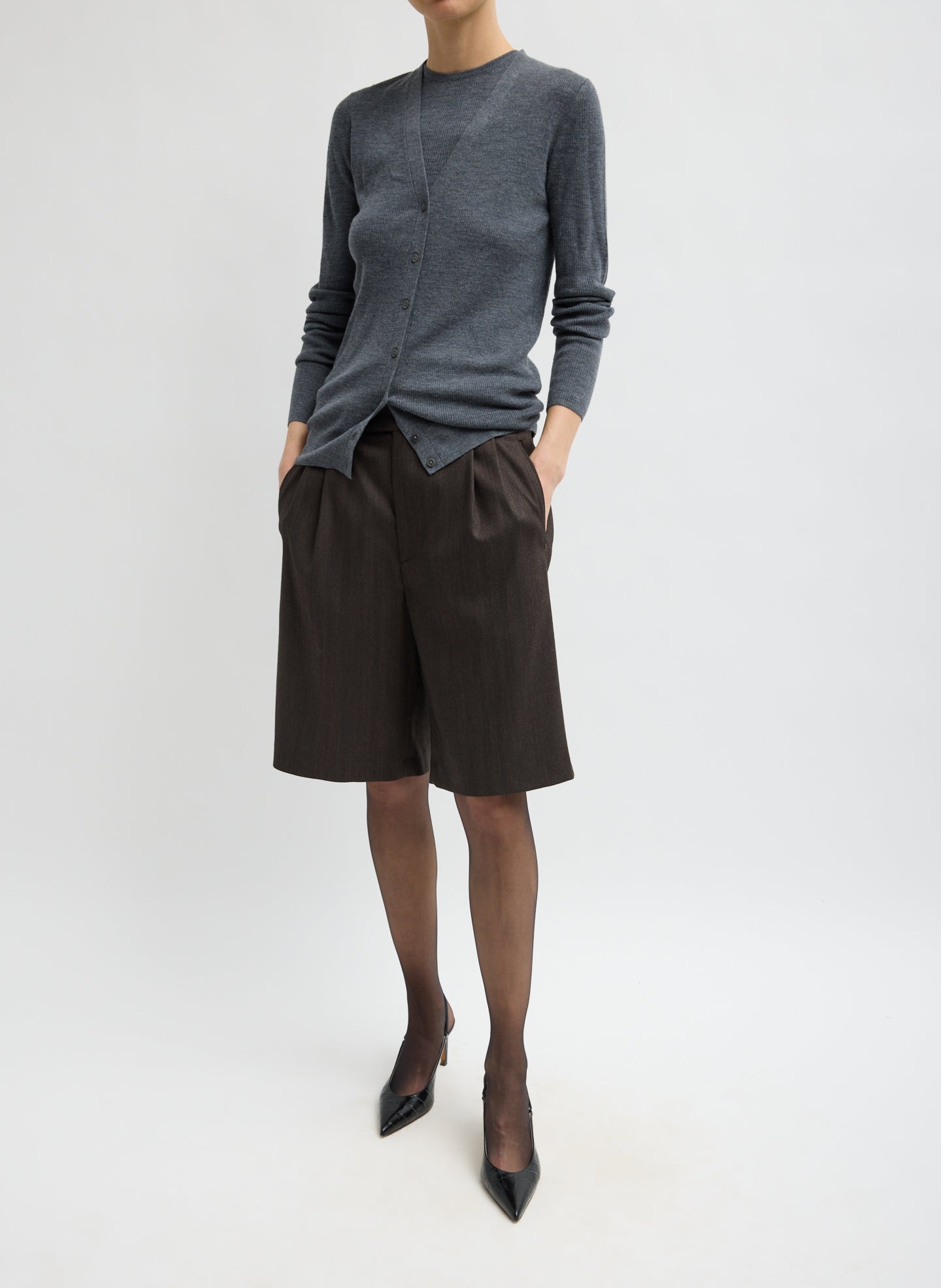 Brown Herringbone Suiting Short - full look, front view on model