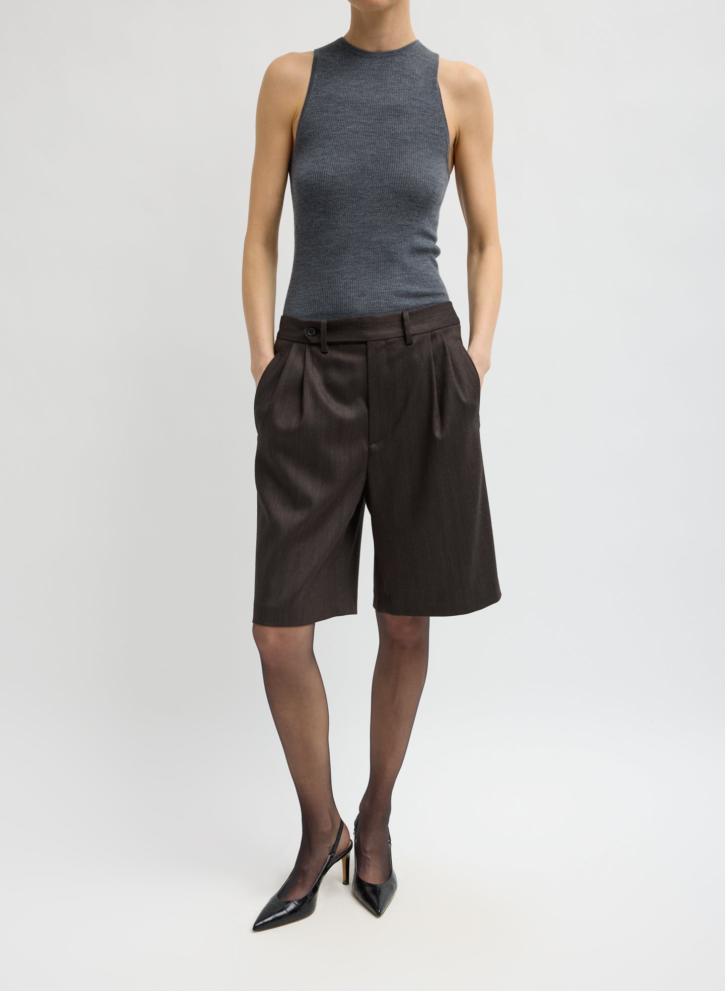 Brown Herringbone Suiting Short - long tailored short, front view on model