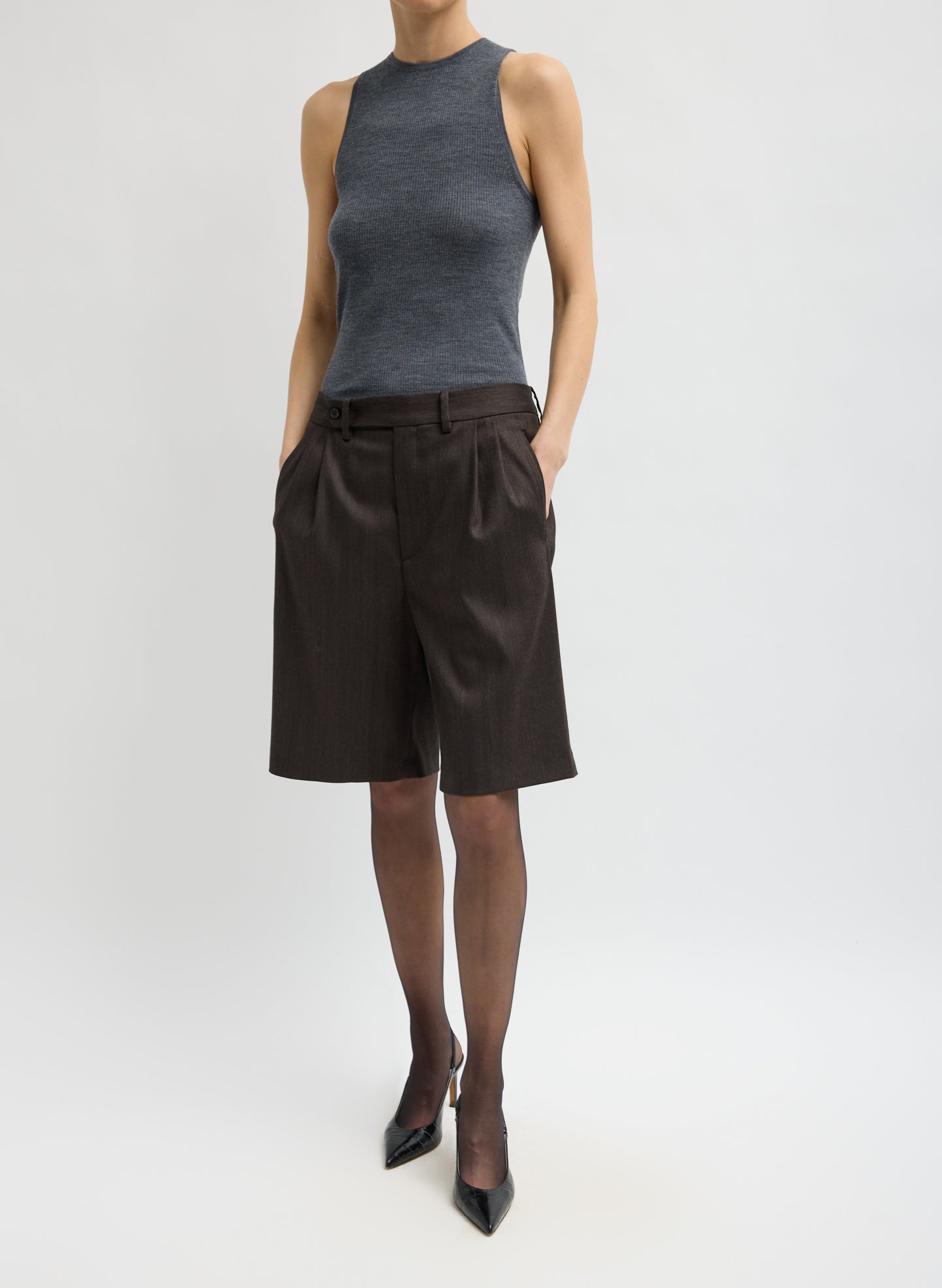 Brown Herringbone Suiting Short - long tailored short, front view on model