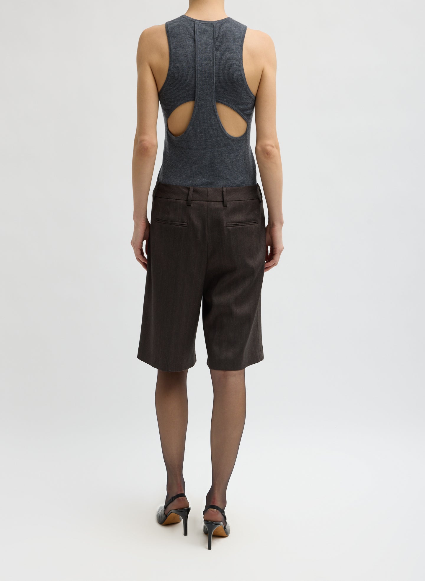 Brown Herringbone Suiting Short - long tailored short, back view on model
