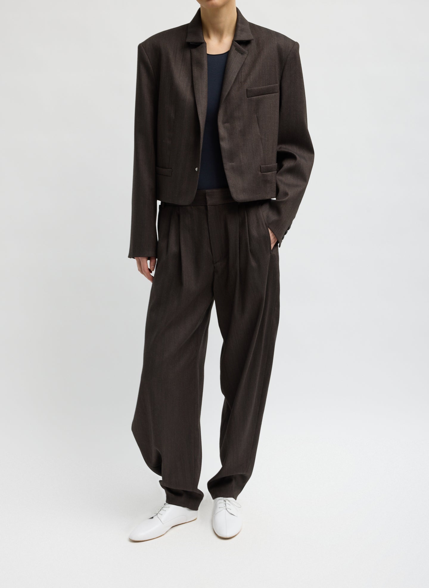 Brown Herringbone Suiting Side Drape Pleated Pant - full look, front view on model