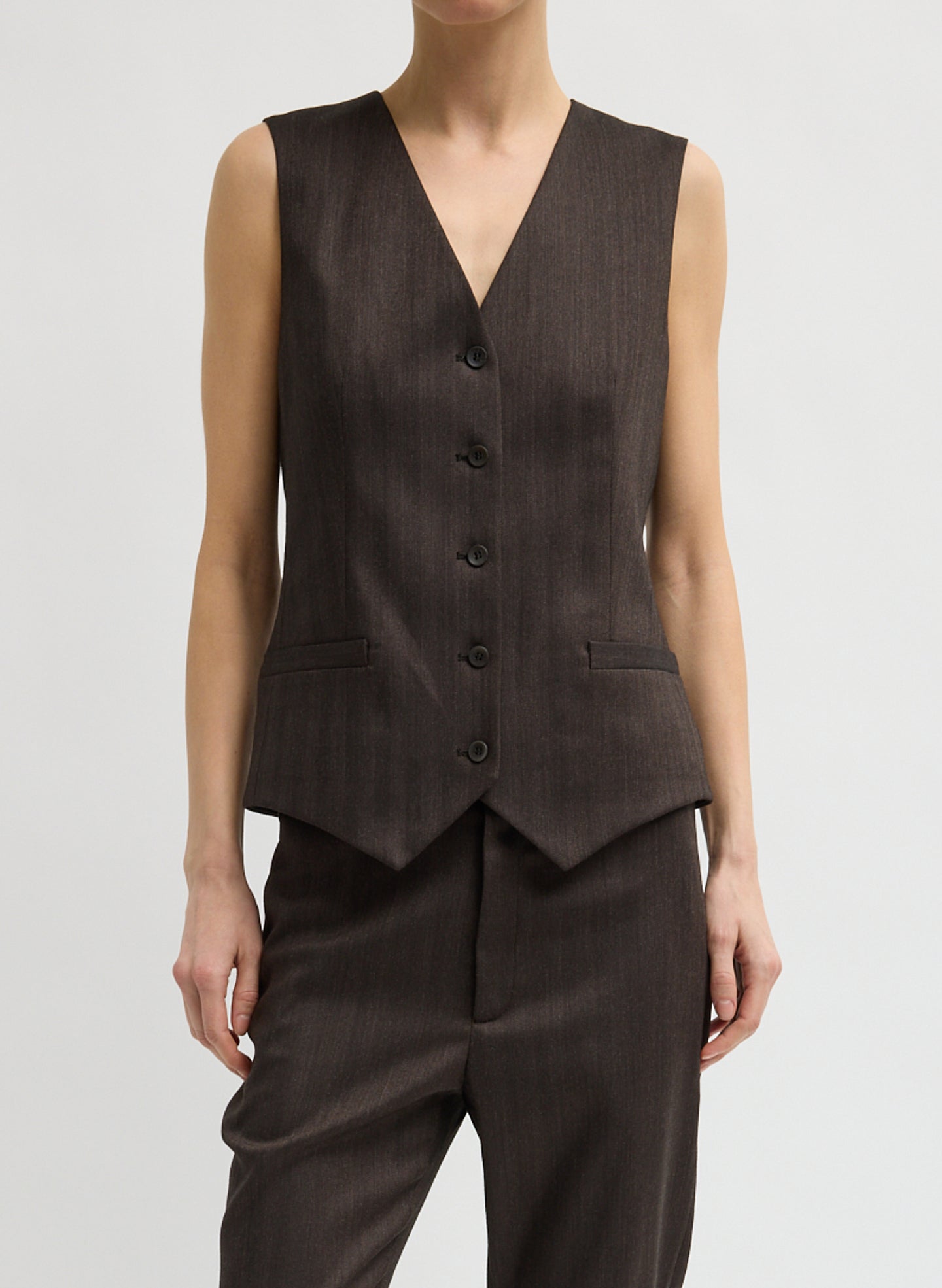 Brown Herringbone Suiting Vest - front view on model