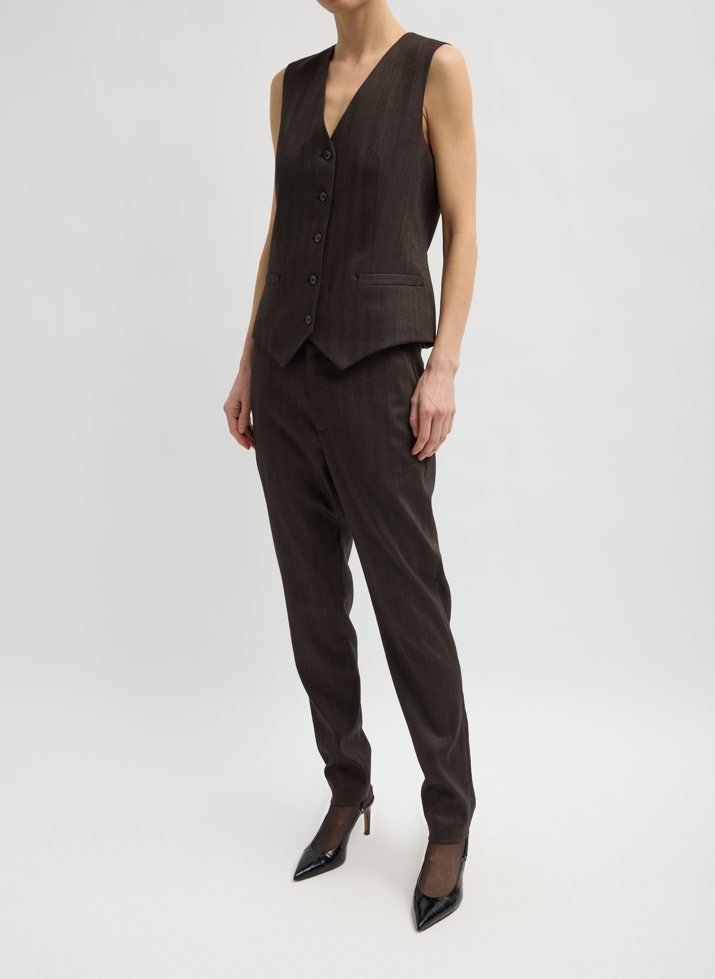 Brown Herringbone Suiting Vest - front view on model
