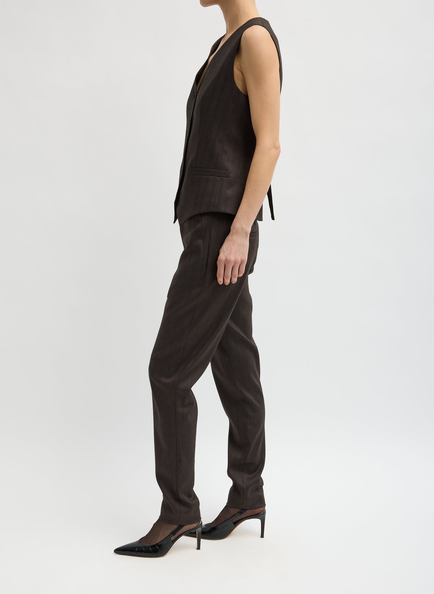 Brown Herringbone Suiting Vest - side view on model