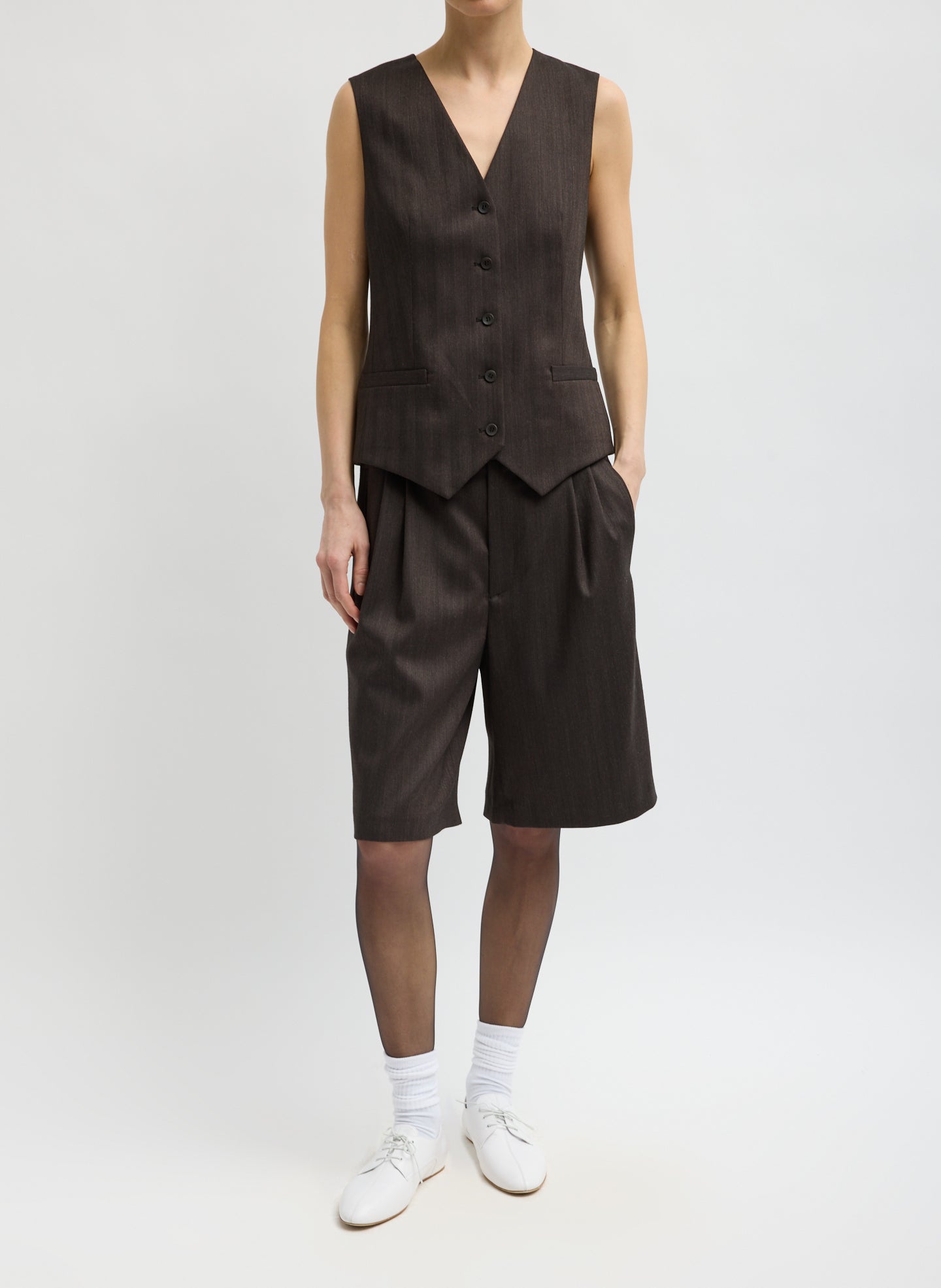 Brown Herringbone Suiting Vest - full look, front view on model