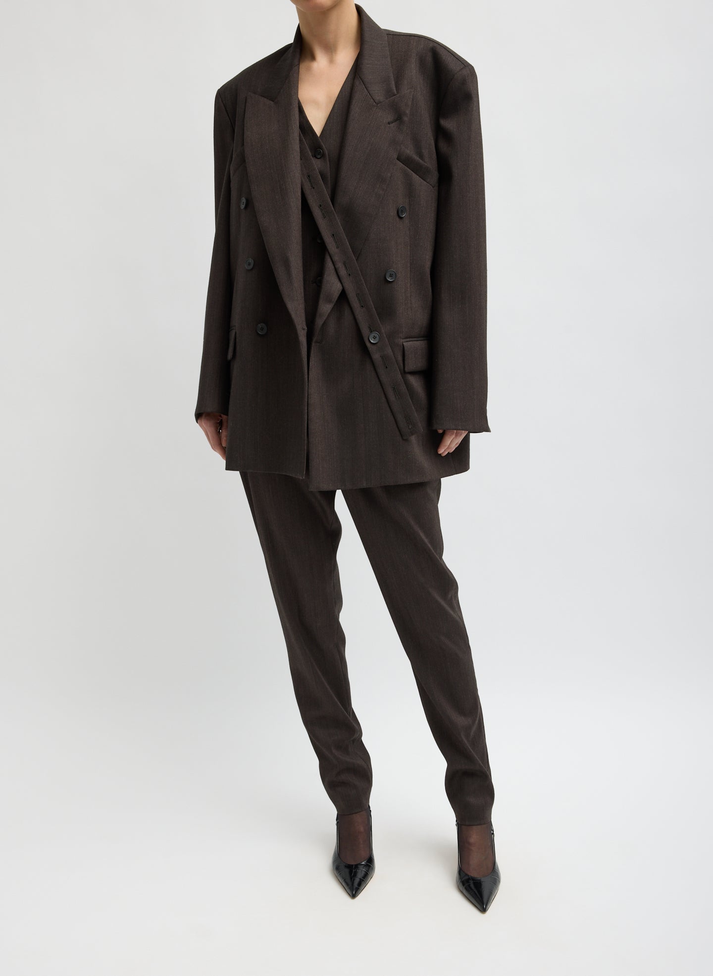 Brown Multi Herringbone Suiting Easy Men's Blazer - oversized double-breasted blazer, front view on model