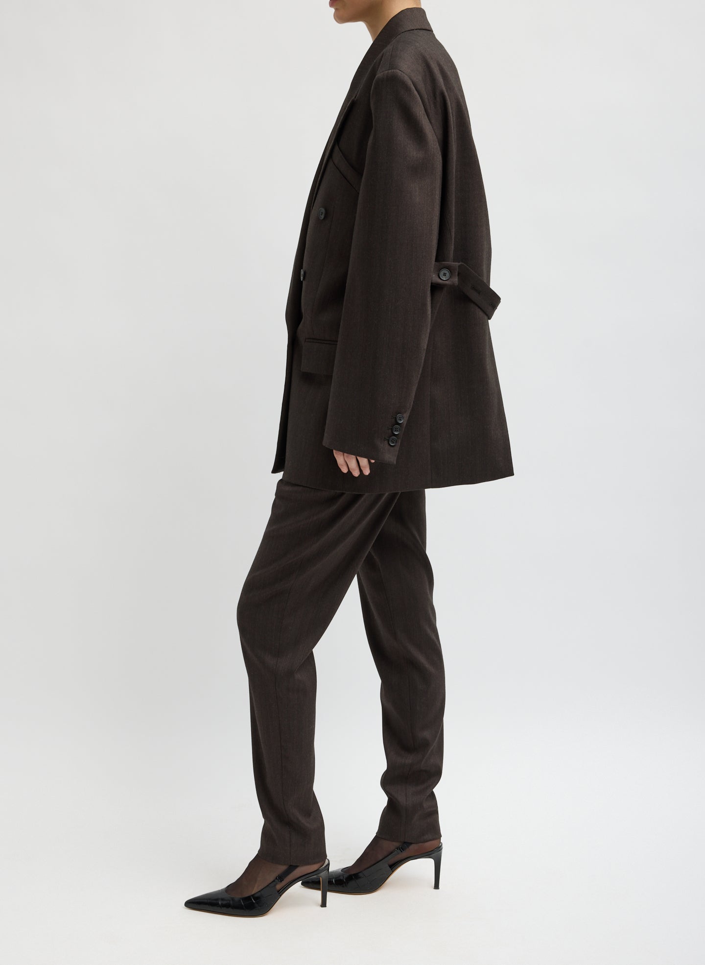 Brown Multi Herringbone Suiting Easy Men's Blazer - oversized double-breasted blazer, side view on model