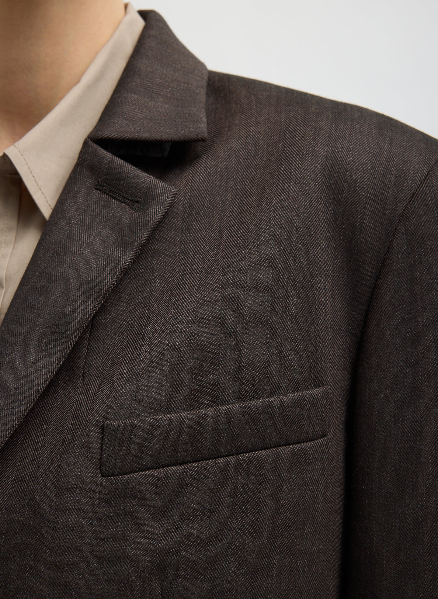 Brown Multi Herringbone Suiting Cropped Blazer - closeup of lapel detail