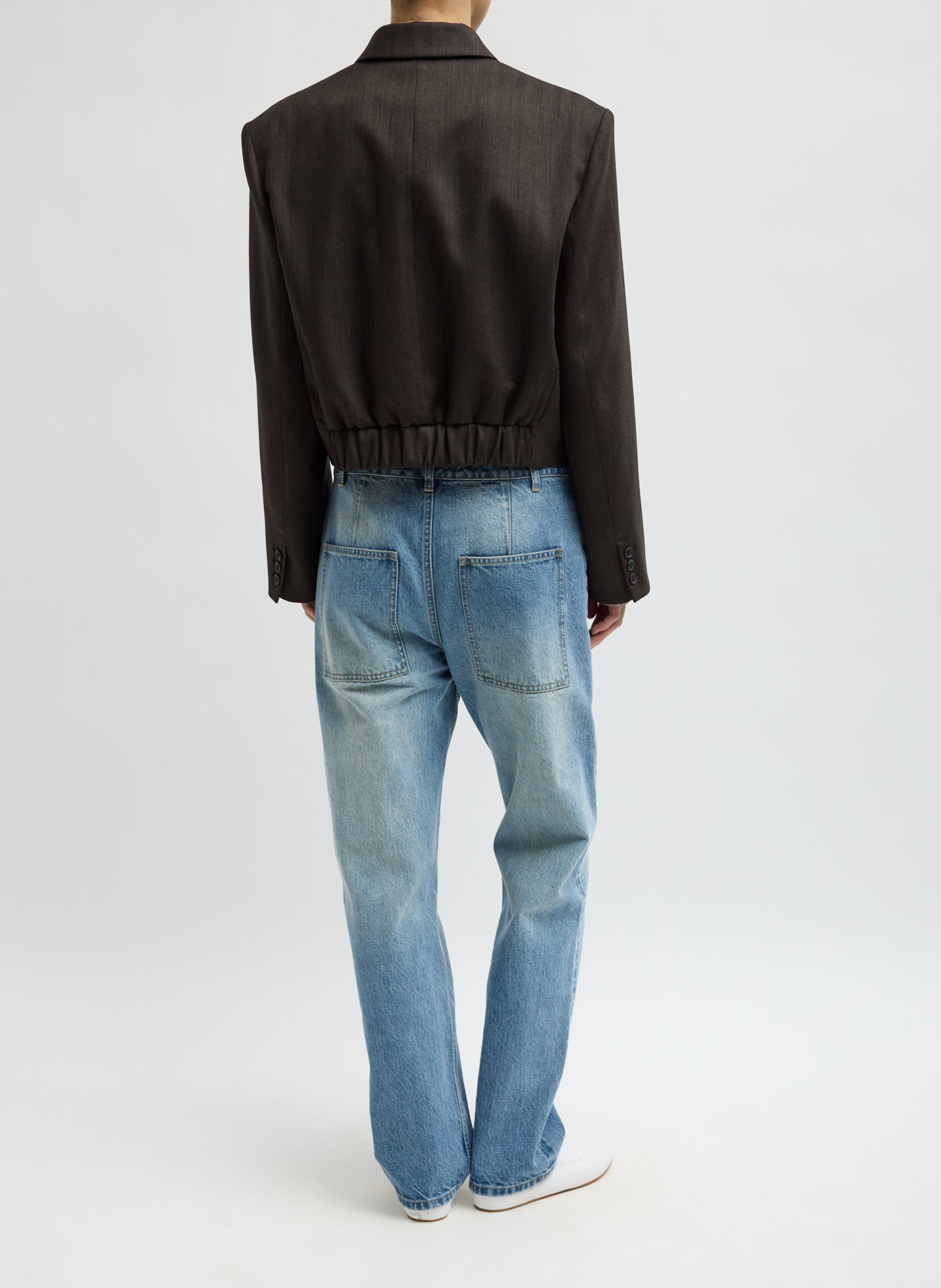 Brown Multi Herringbone Suiting Cropped Blazer - back view on model