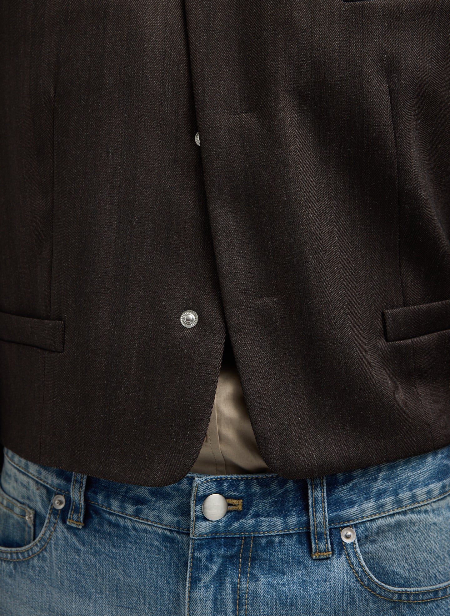Brown Multi Herringbone Suiting Cropped Blazer - closeup of front closure