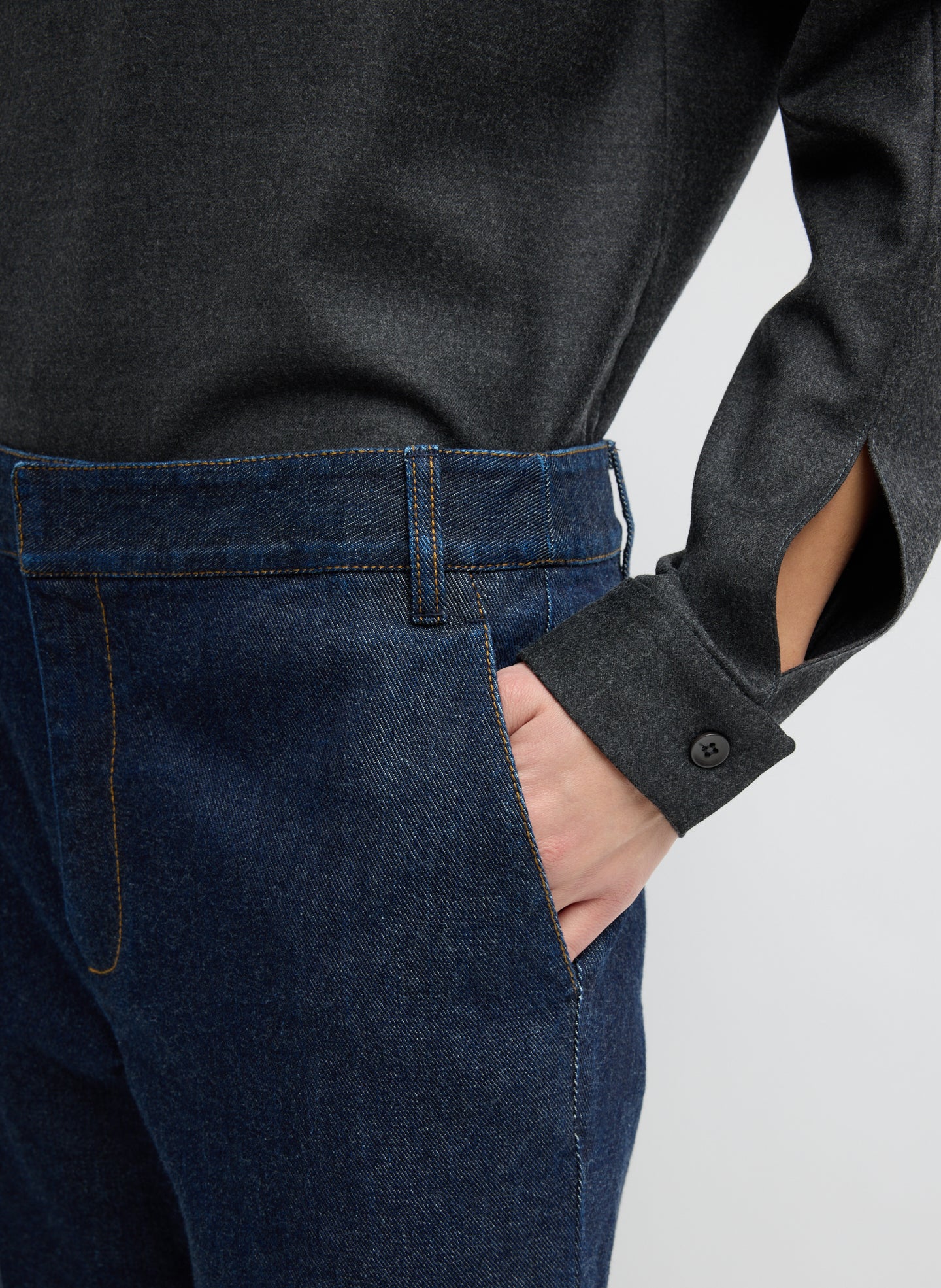 Dark Indigo Denim Pat Trouser Jean - closeup of side pocket detail