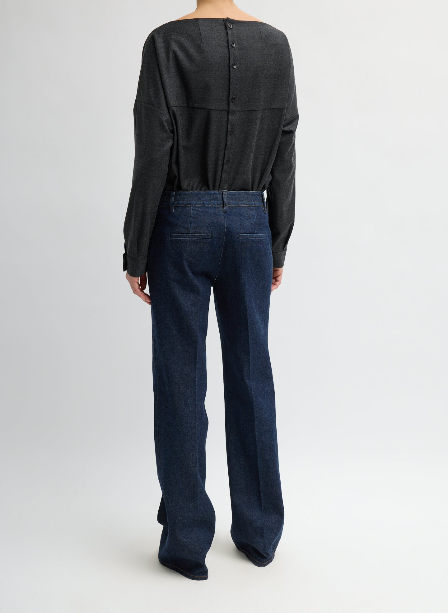 Dark Indigo Denim Pat Trouser Jean - tailored jeans, back view on model