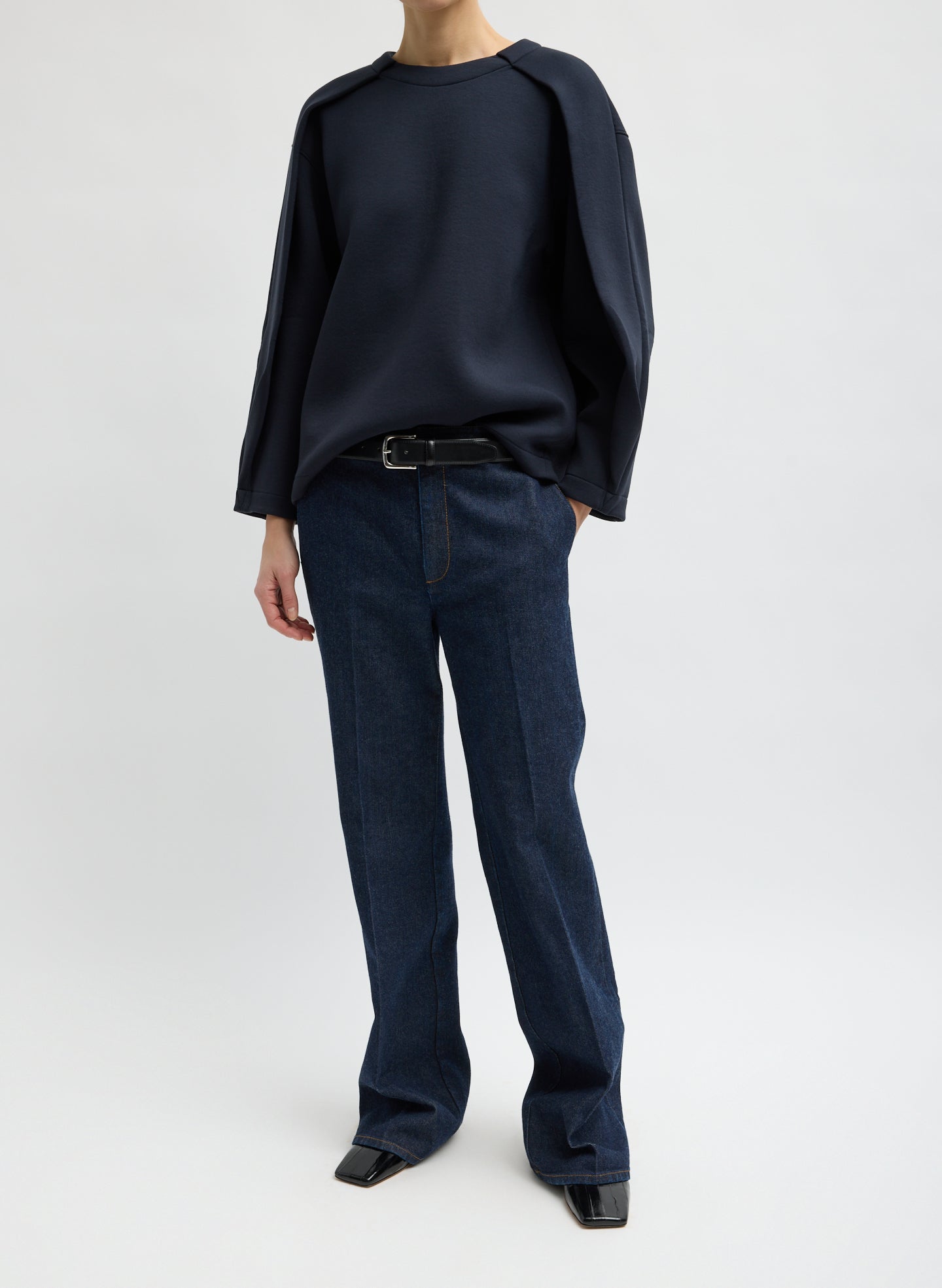 Dark Indigo Denim Pat Trouser Jean - full look, front view on model