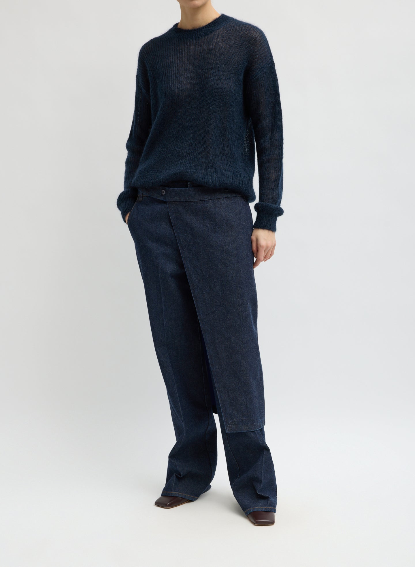 Indigo Denim Double Apron Skirt - full look, front view on model