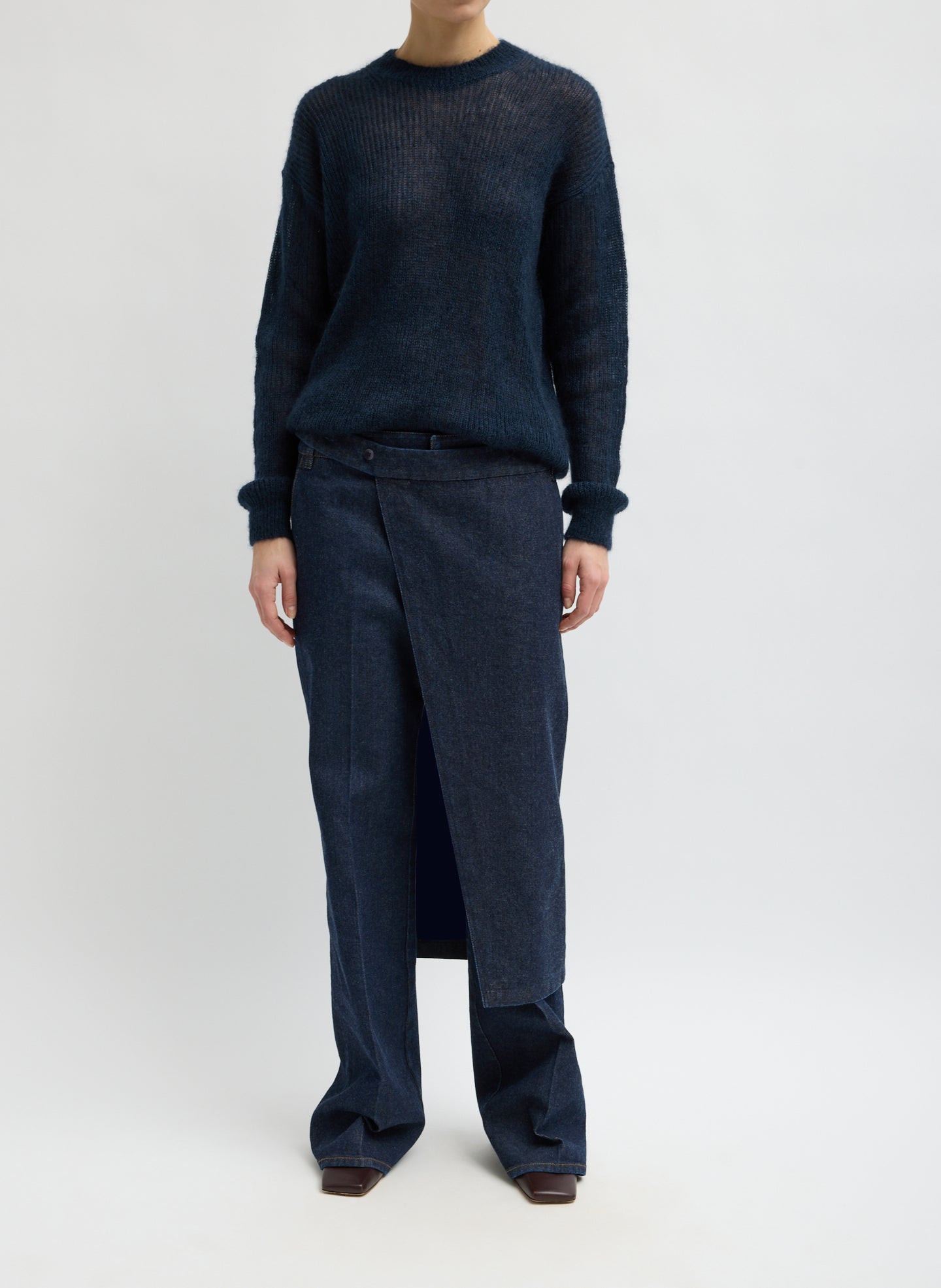 Indigo Denim Double Apron Skirt - full look, front view on model