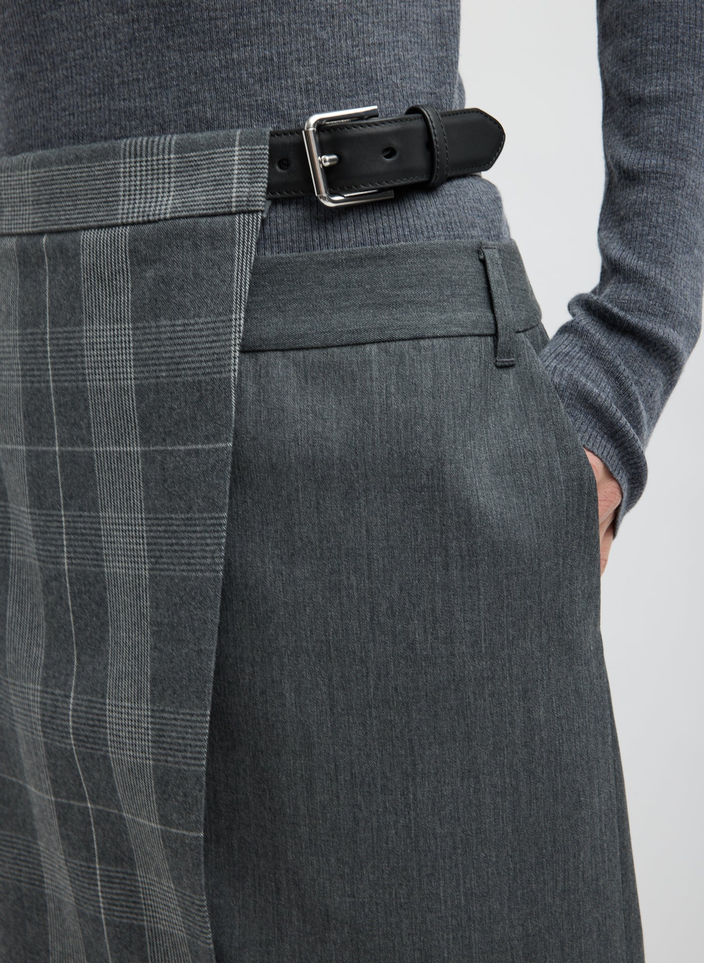 Grey Papery Wool Plaid Double Apron Skirt - closeup of side buckle detail