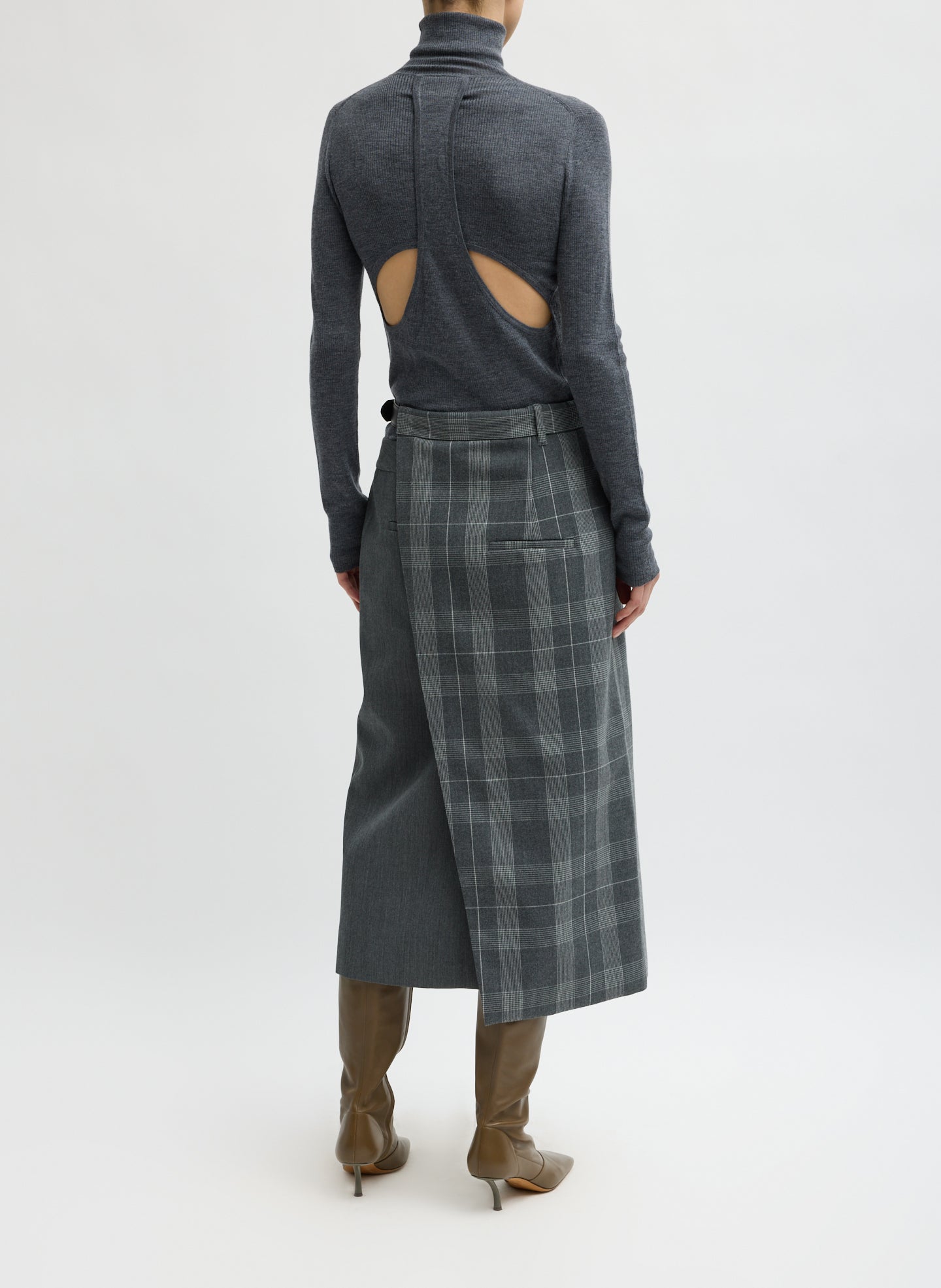 Grey Papery Wool Plaid Double Apron Skirt - back view on model
