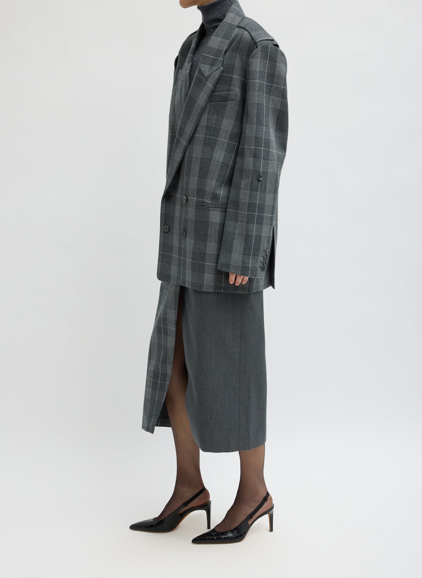 Grey Papery Wool Plaid Easy Men's Blazer - oversized, double-breasted blazer, side view on model