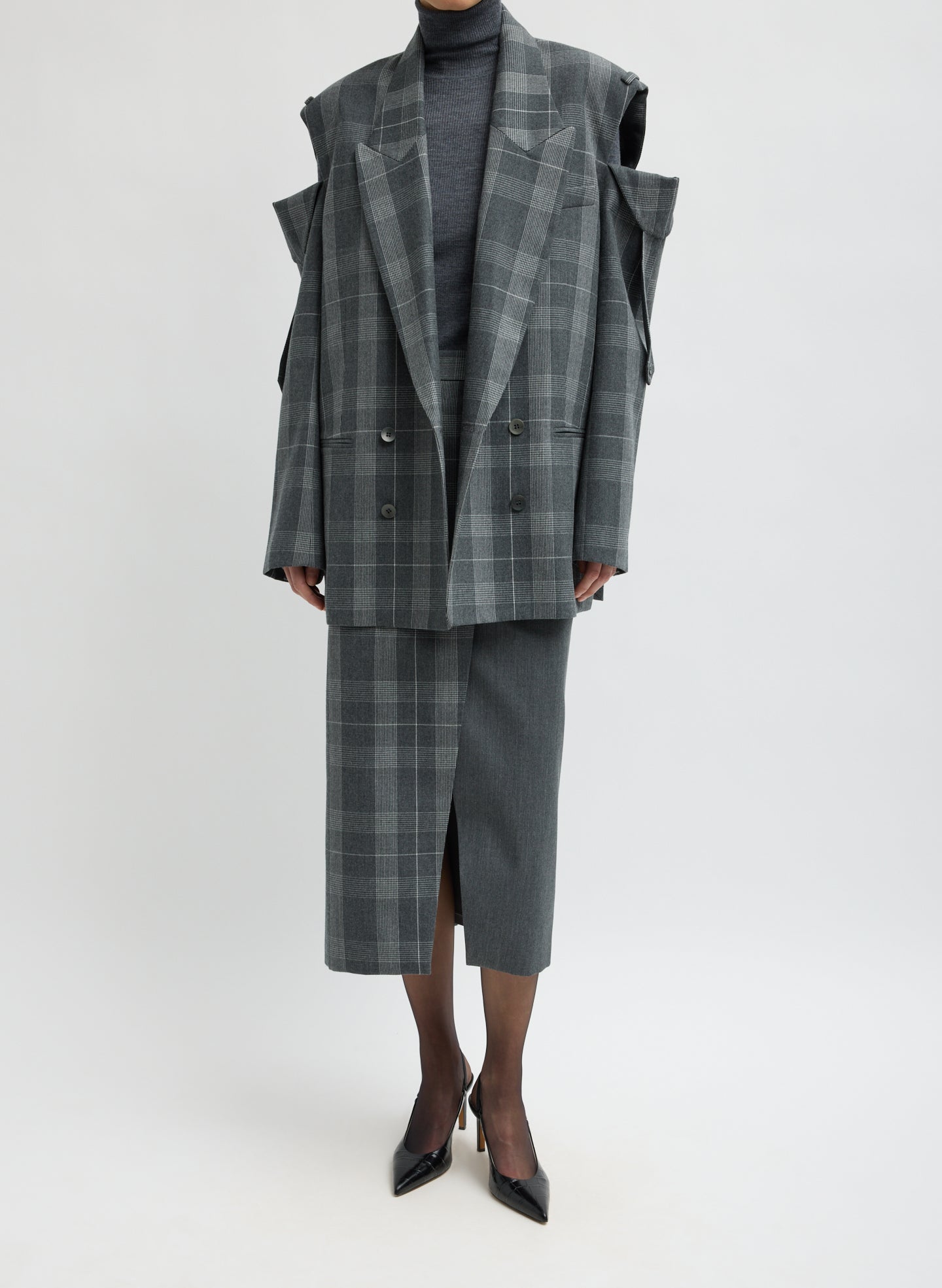 Grey Papery Wool Plaid Easy Men's Blazer - oversized, double-breasted blazer, front view on model