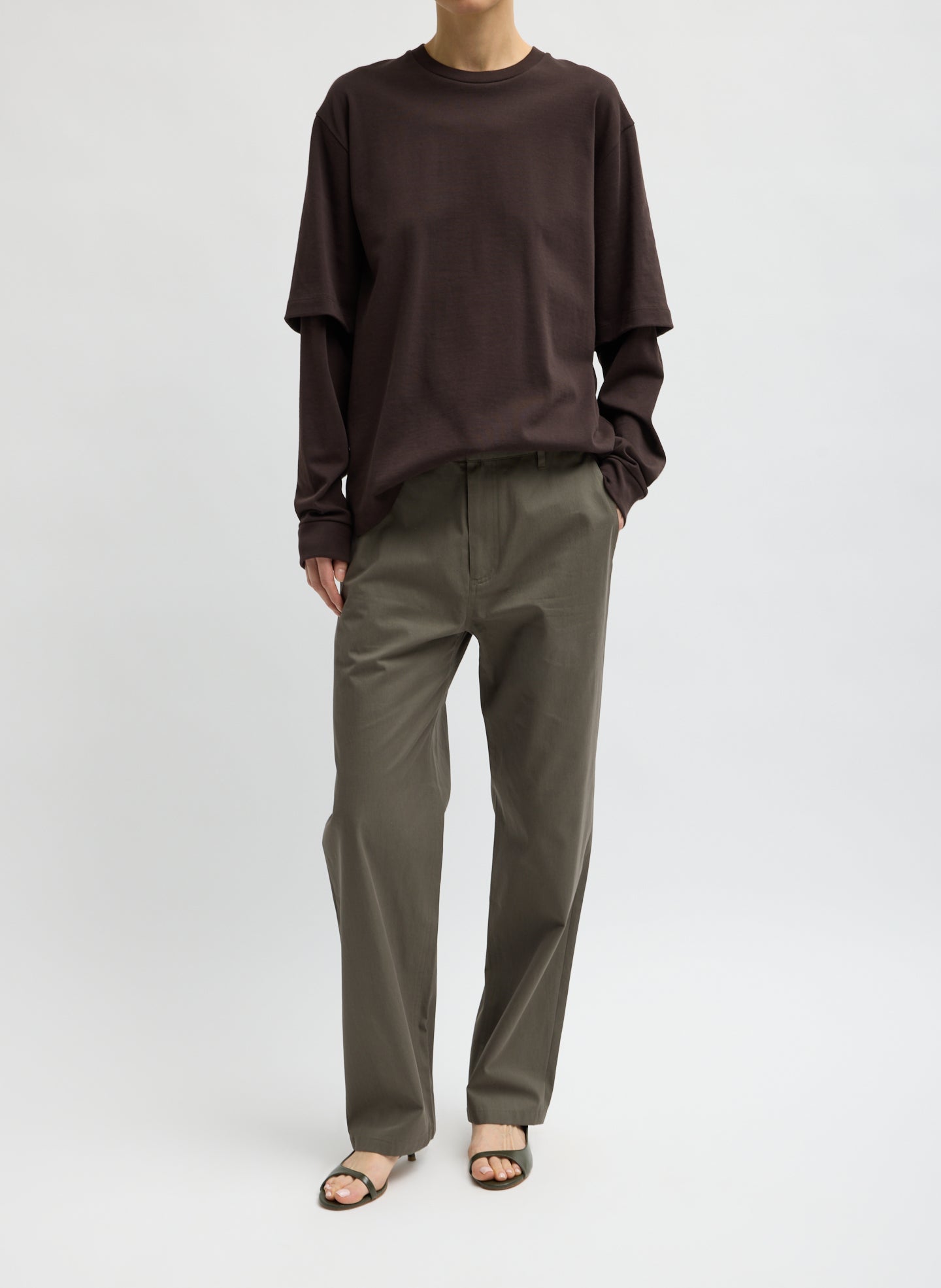 Brown Perfect Unisex T-Shirt Double Layer Long Sleeve Shirt - full look, front view on model