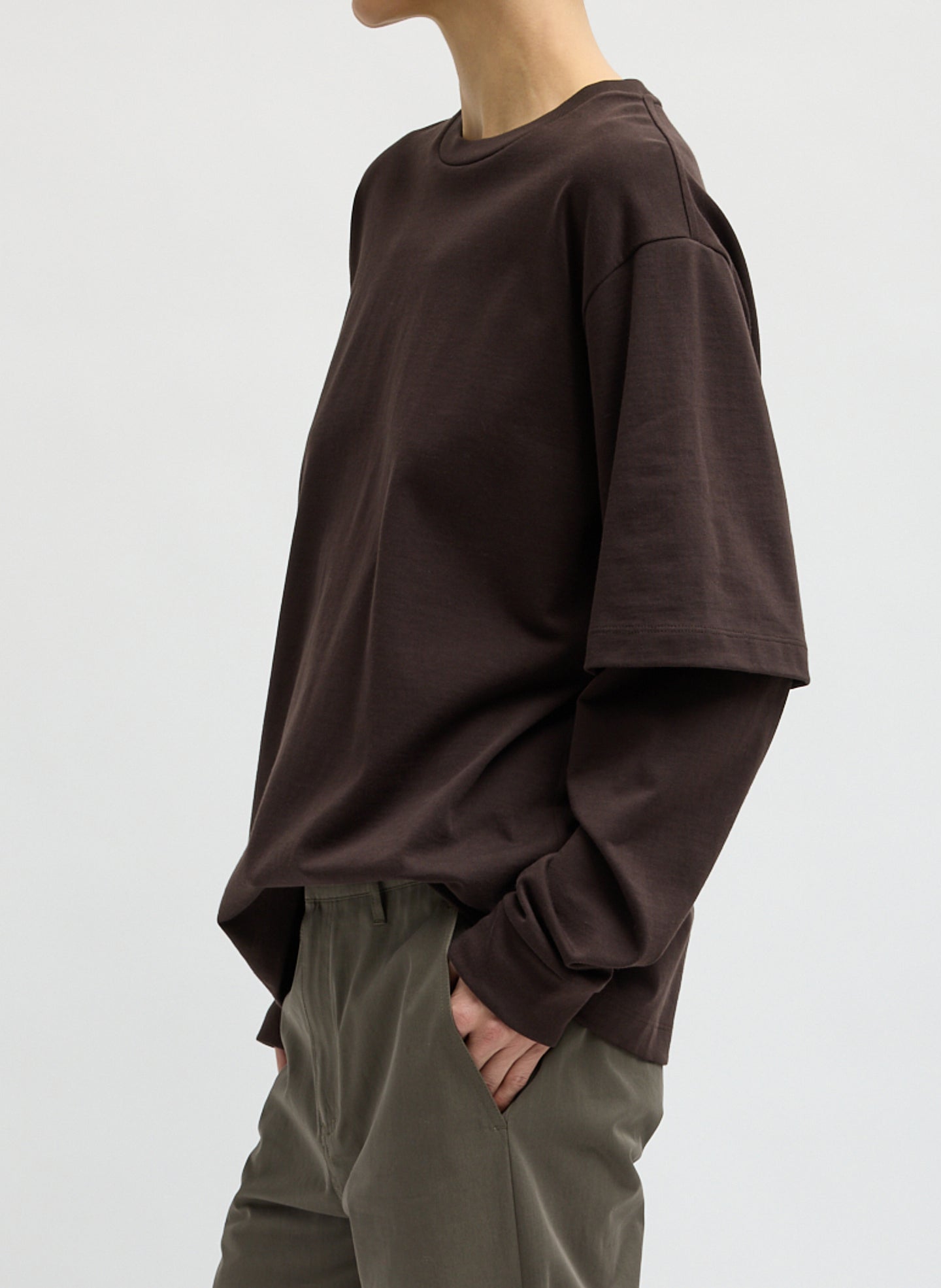 Brown Perfect Unisex T-Shirt Double Layer Long Sleeve Shirt - side view on model
