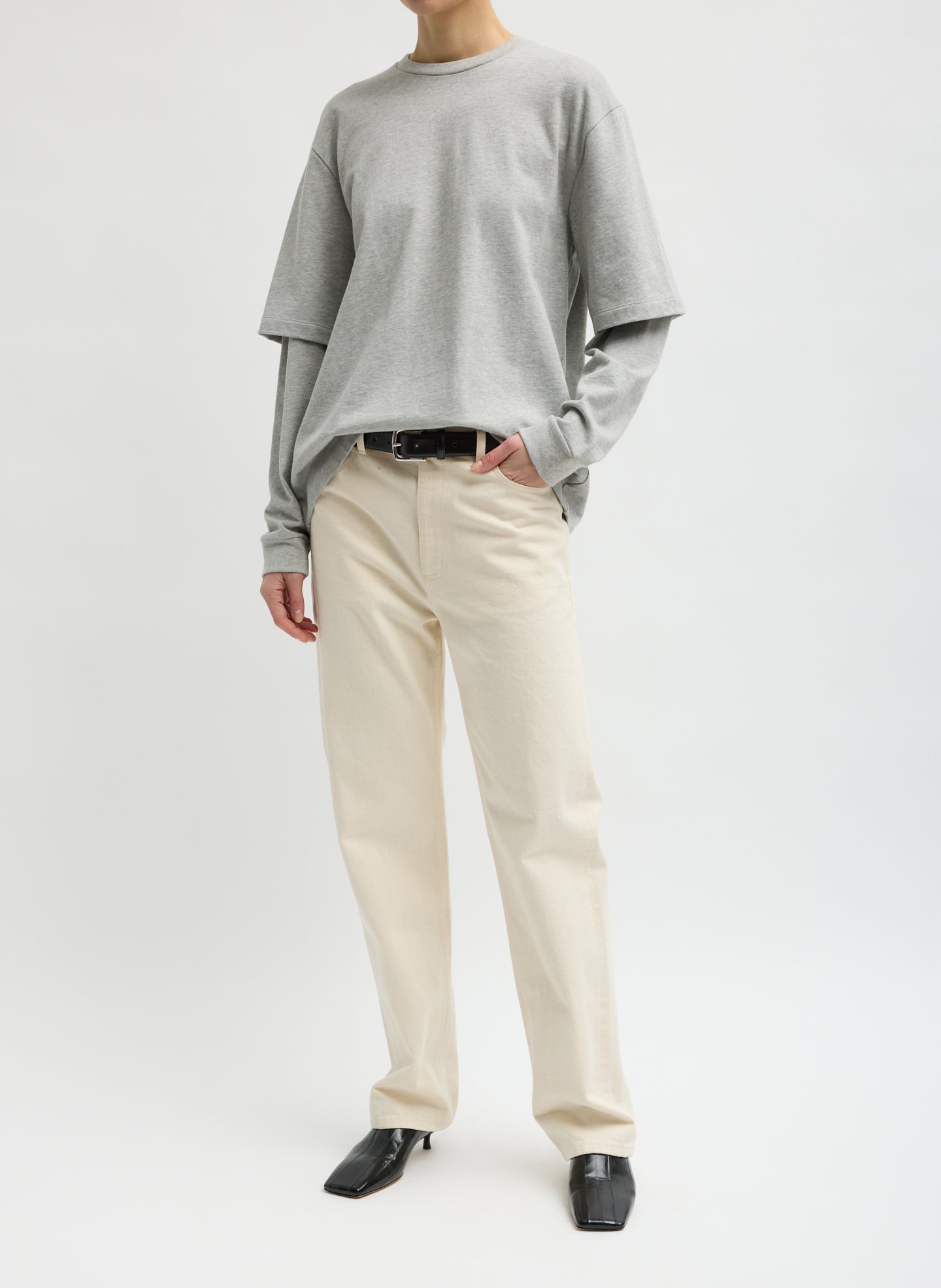 Heather Grey Perfect Unisex T-Shirt Double Layer Long Sleeve Shirt - full look, front view on model