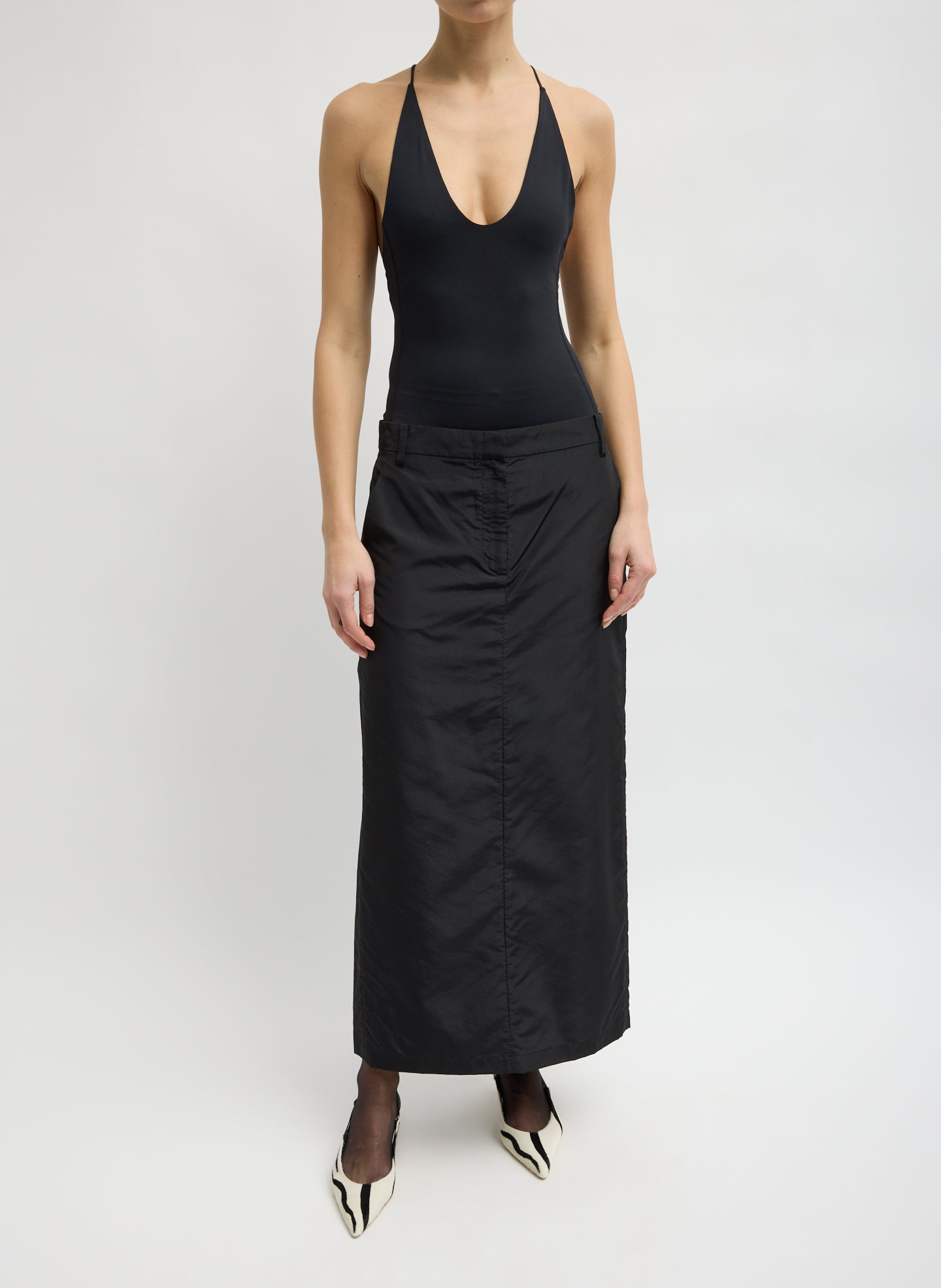Black Stretch Lightweight Tech Knit Strappy Racerback Tank Top - full look, front view on model