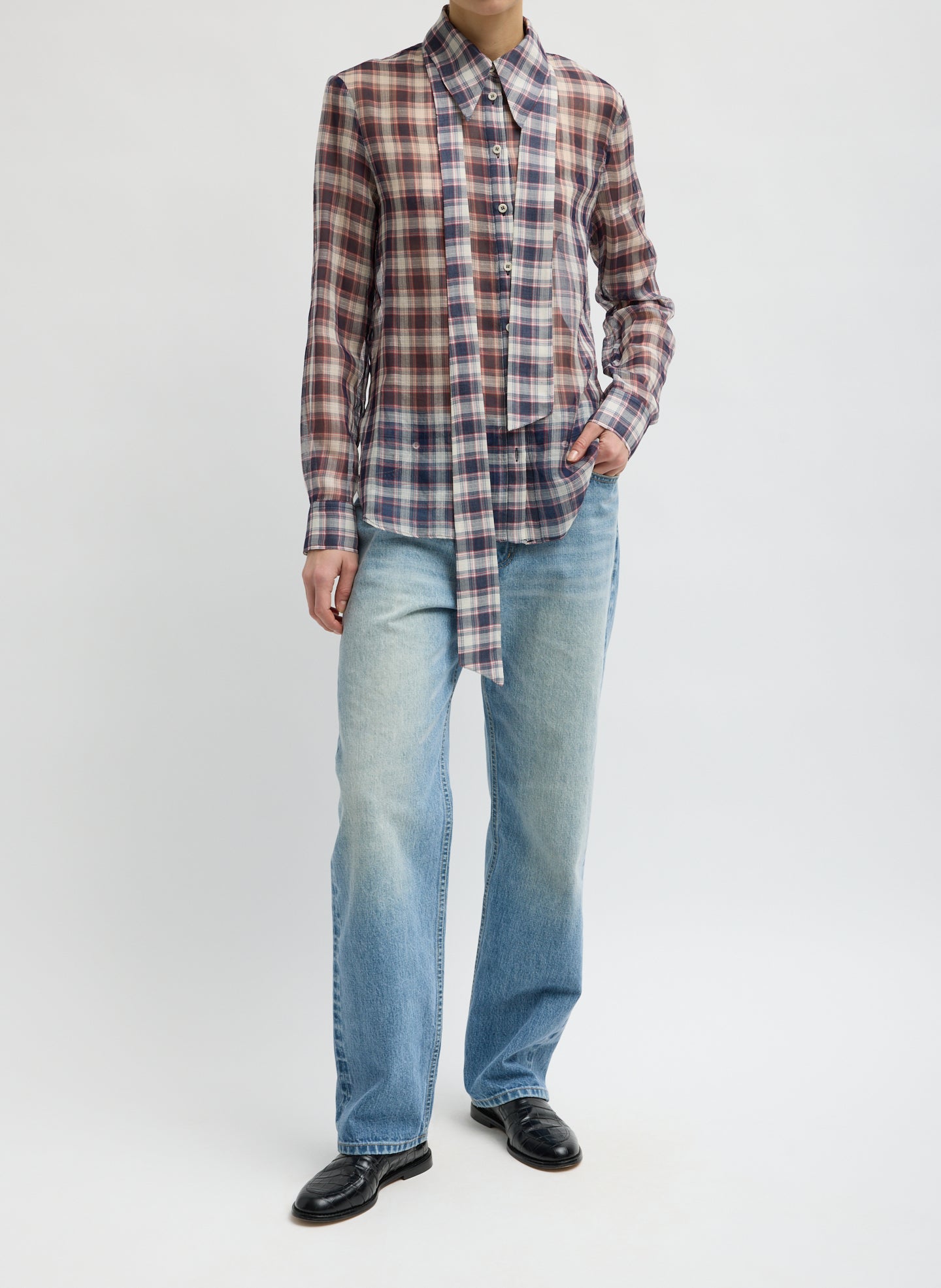 Black and Red Silk Cotton Plaid Blouse with Removable Tie - full look, long sleeve top, front view on model