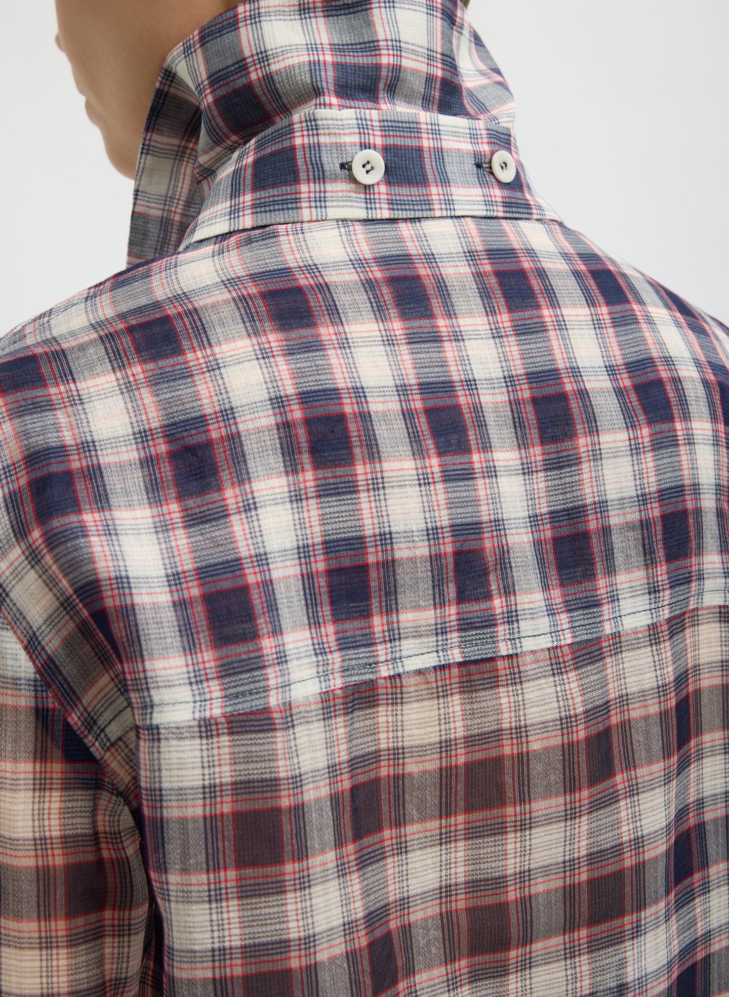 Black and Red Silk Cotton Plaid Blouse with Removable Tie - closeup of button detail at collar