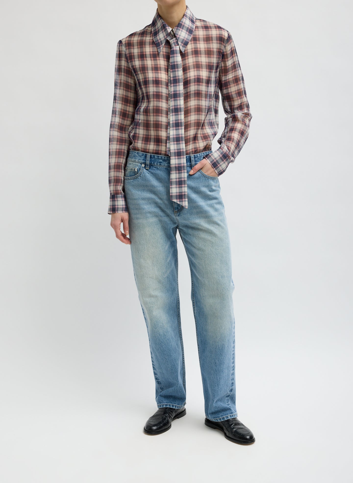 Black and Red Silk Cotton Plaid Blouse with Removable Tie - full look, front view on model