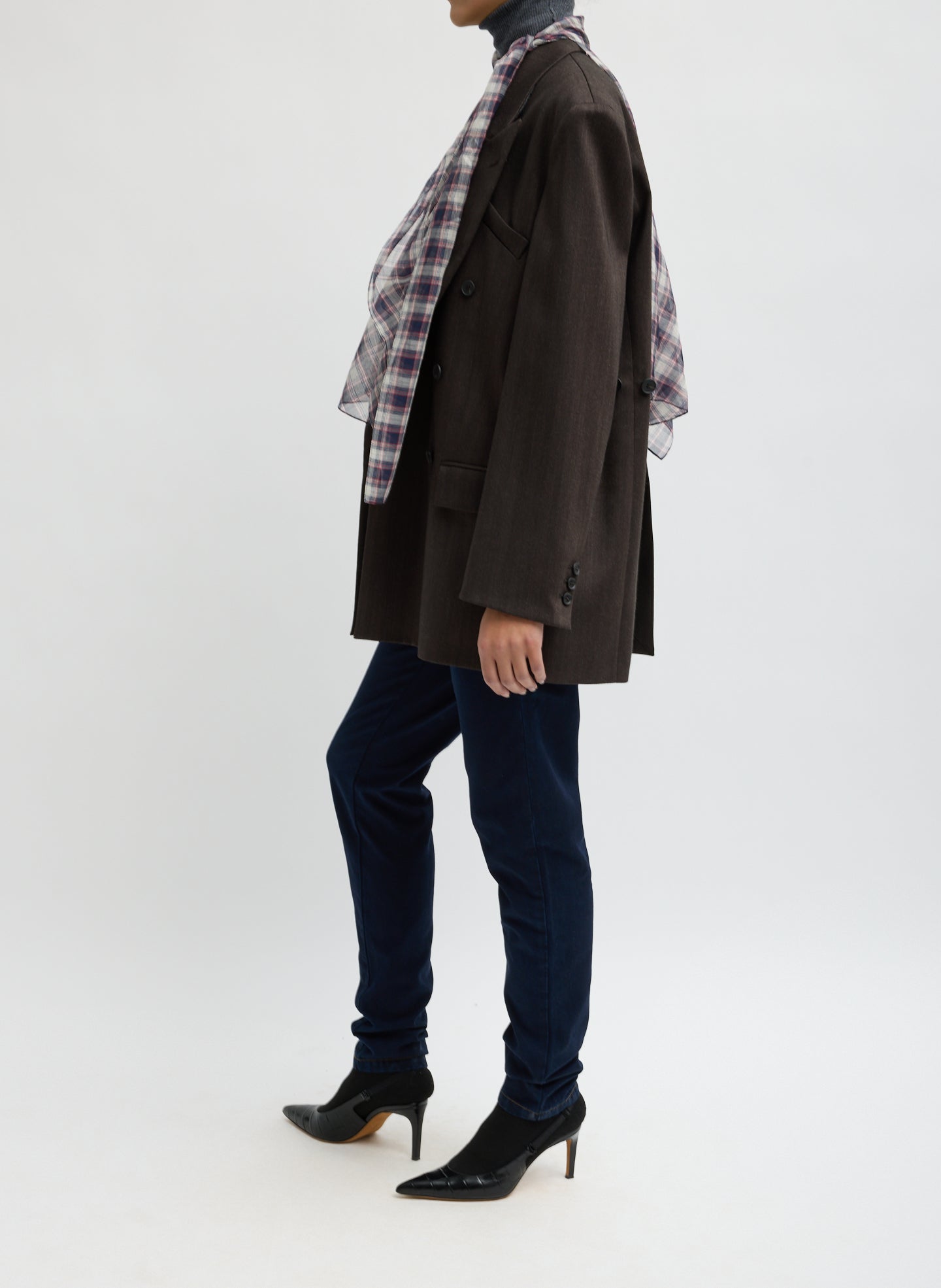 Black and Red Silk Cotton Plaid Cape Tie Top - side view on model