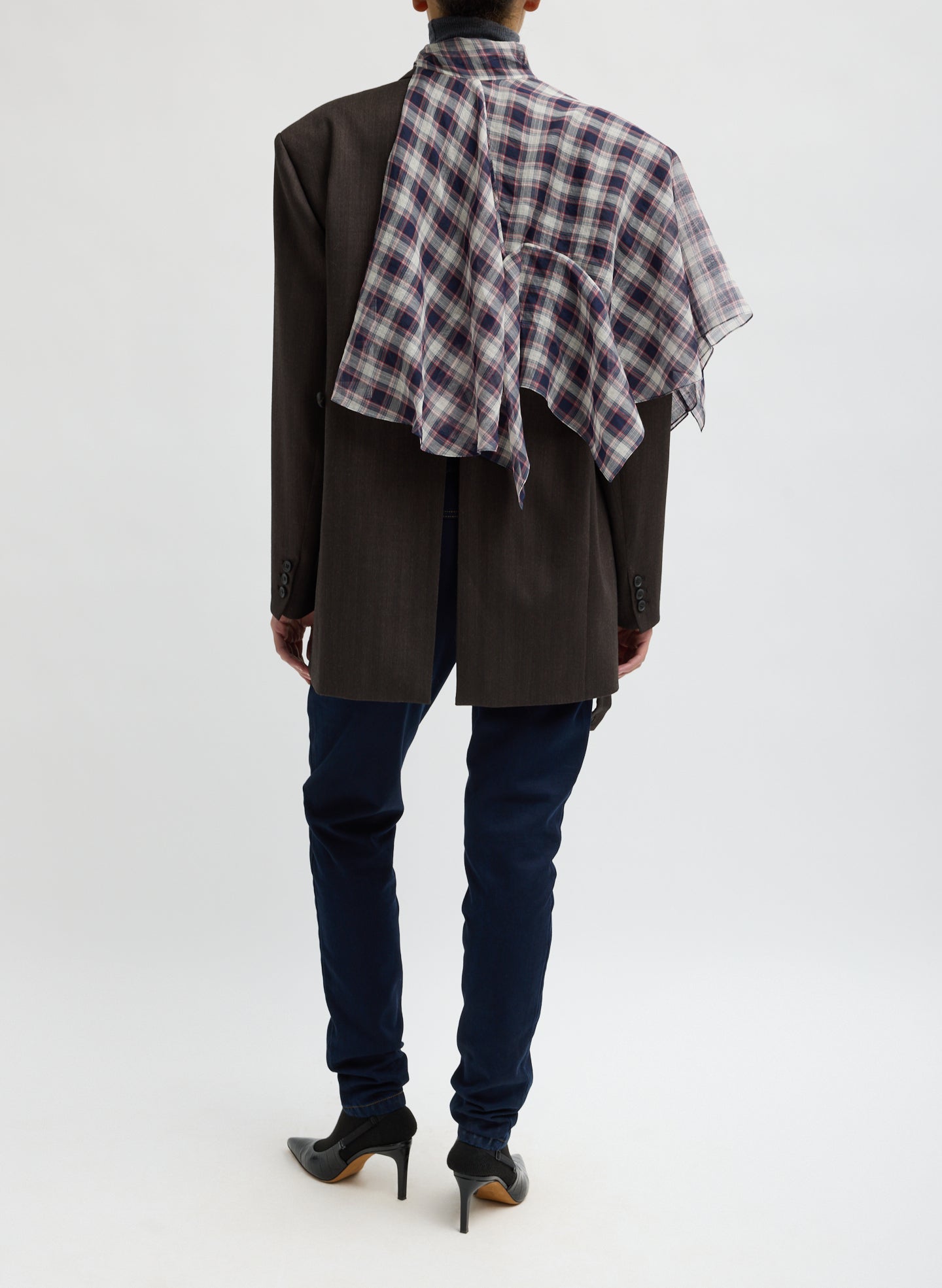 Black and Red Silk Cotton Plaid Cape Tie Top - back view on model