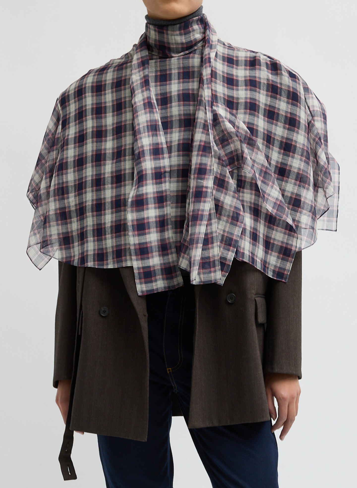 Silk Cotton Plaid Cape Tie Top - Black and Red Silk Cotton Plaid Cape Tie Top - front view on model