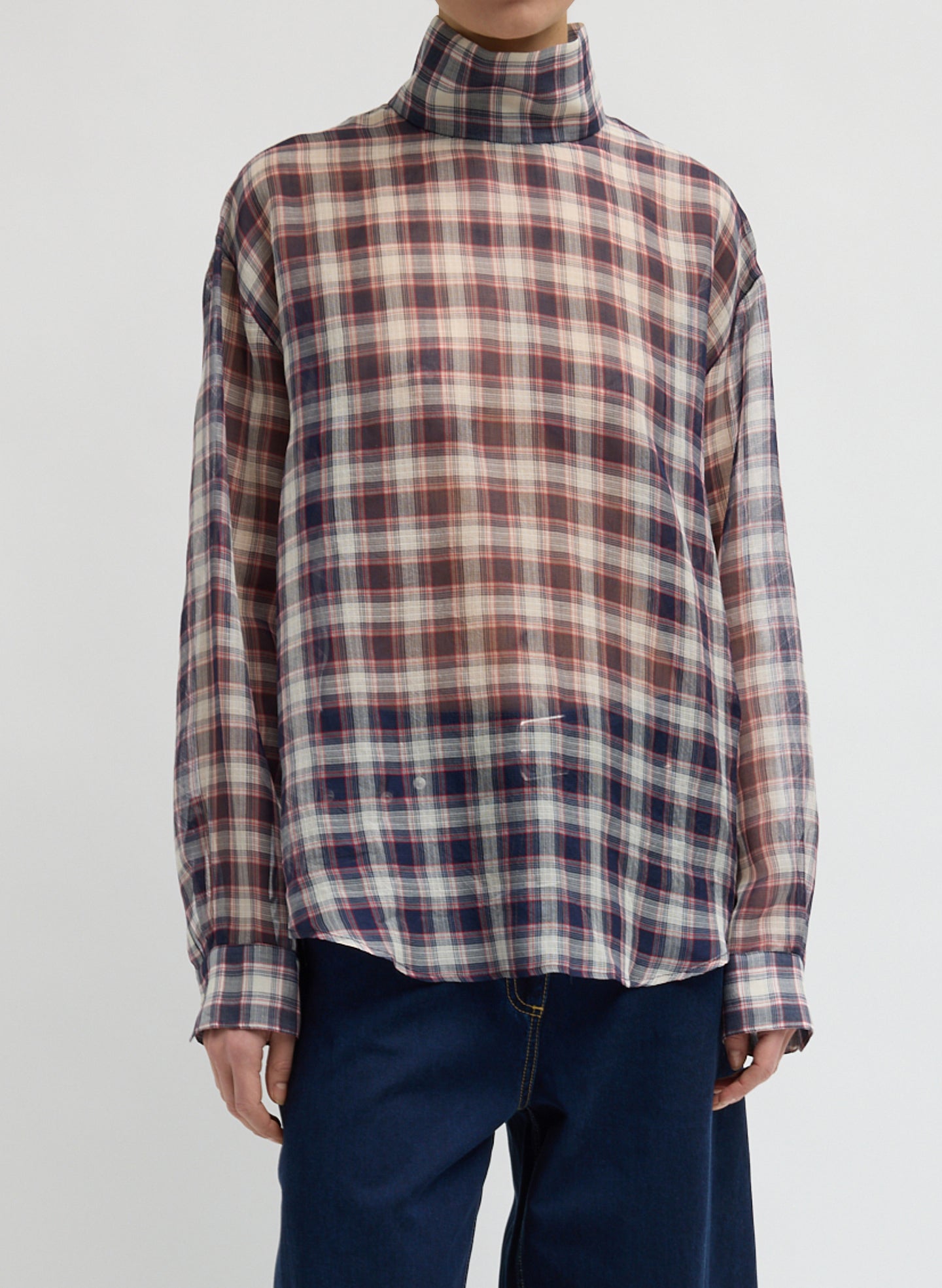 Silk Cotton Plaid Funnel Neck Top
