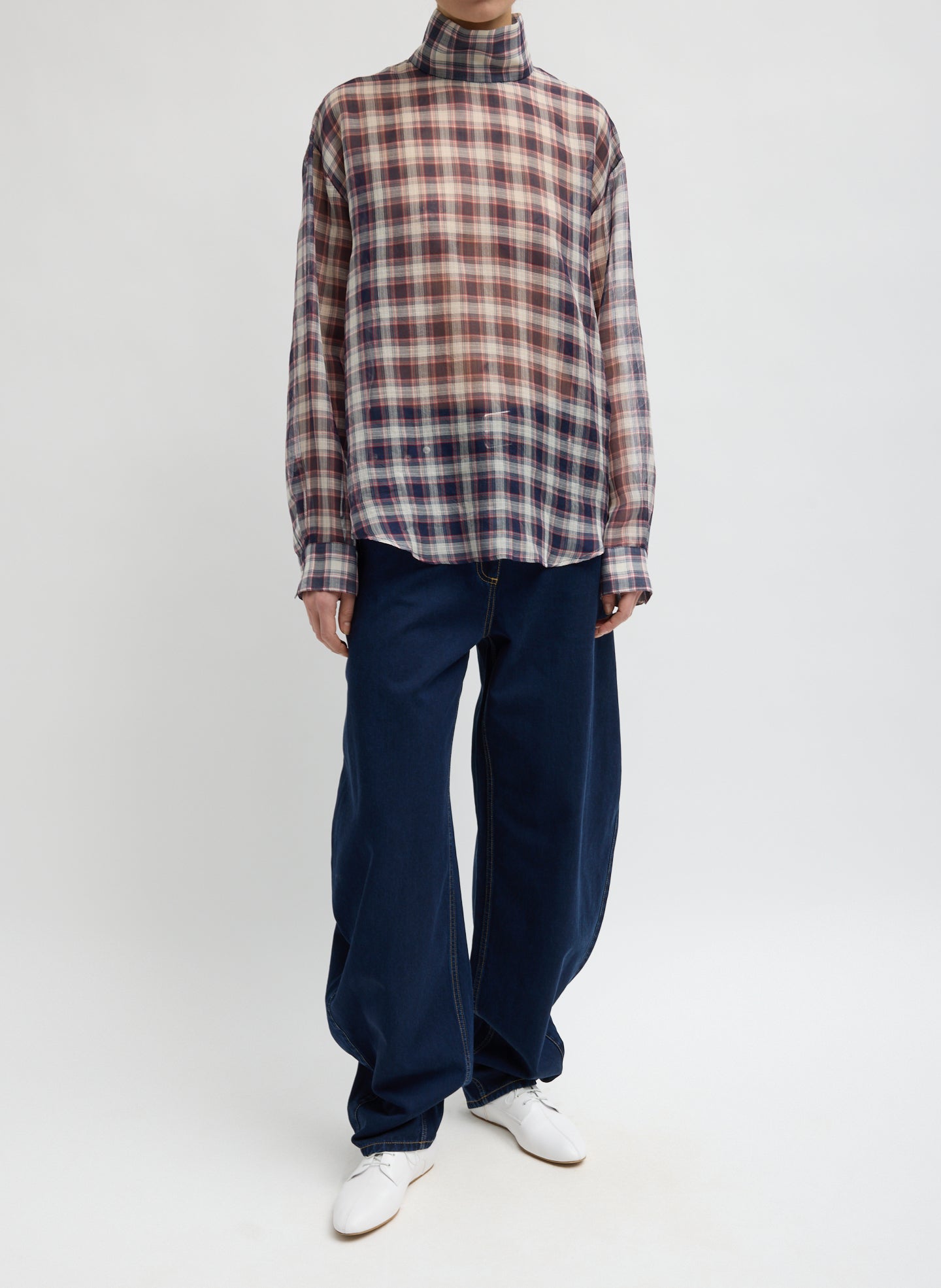 Black and Red Silk Cotton Plaid Funnel Neck Shirt - full look, front view on model