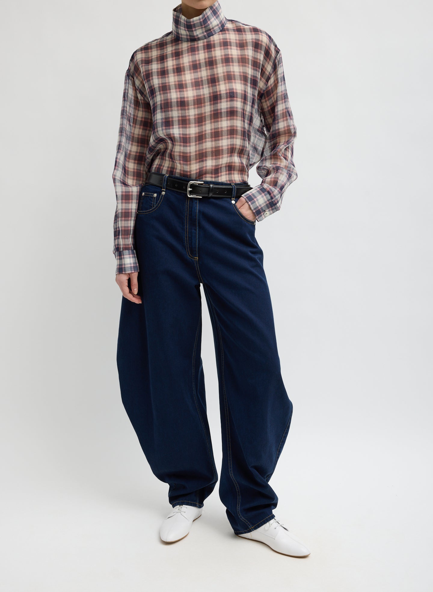 Black and Red Silk Cotton Plaid Funnel Neck Shirt - full look, front view on model
