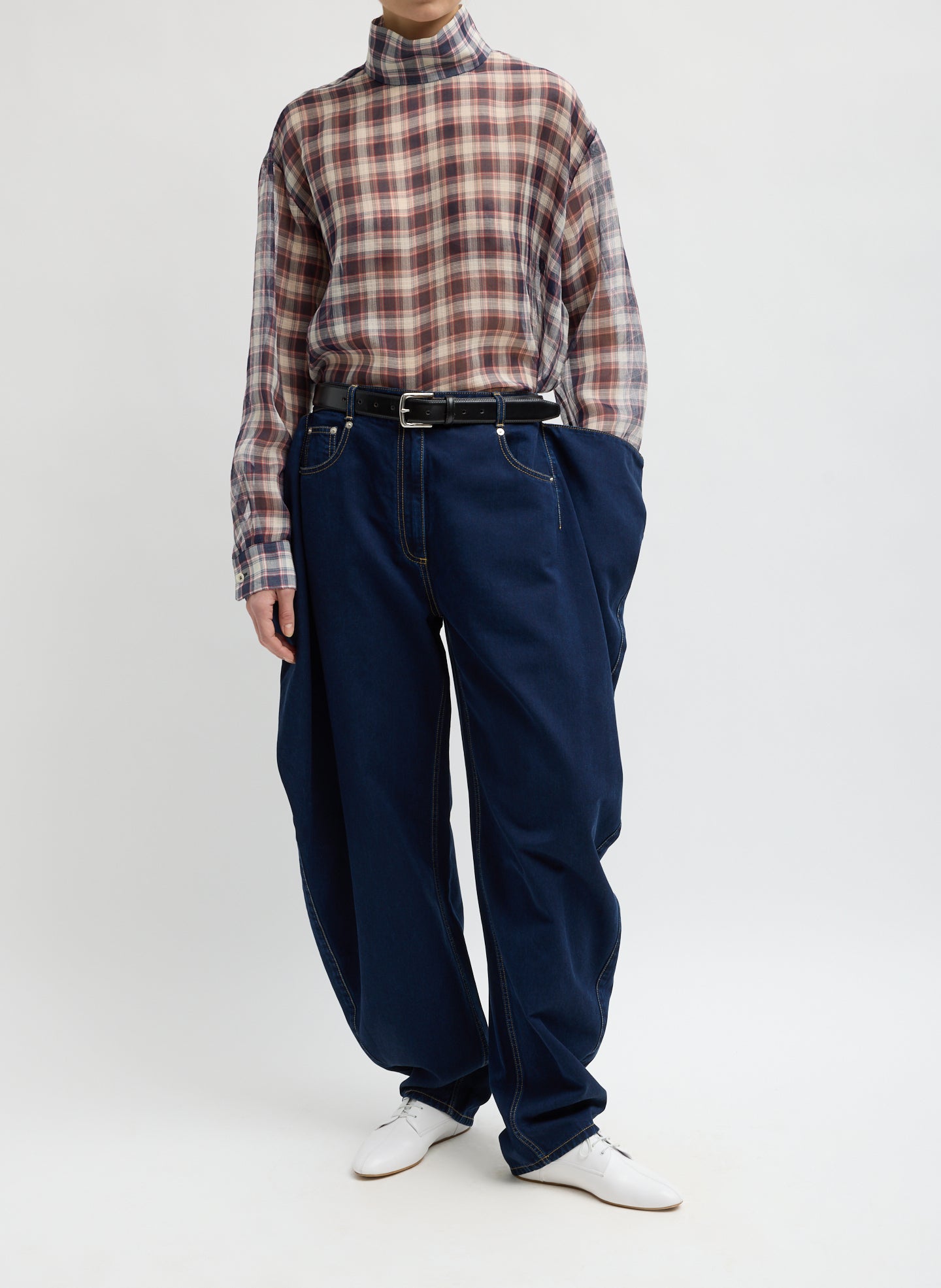 Indigo Tencel Cotton Denim Aleda Jean - barrel leg jean, front view on model