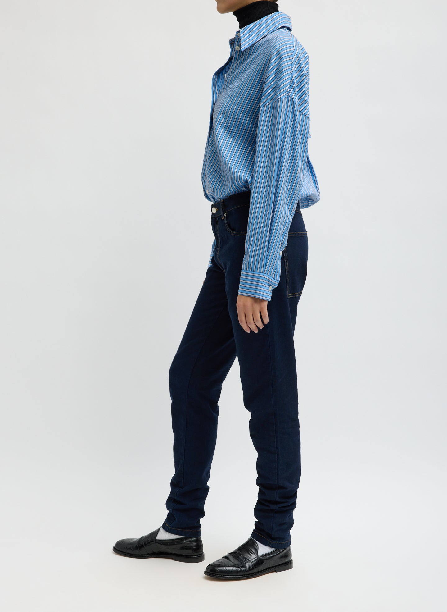Indigo Tencel Cotton Denim Triton Slim Jean - dark wash, slim fit, side view on model