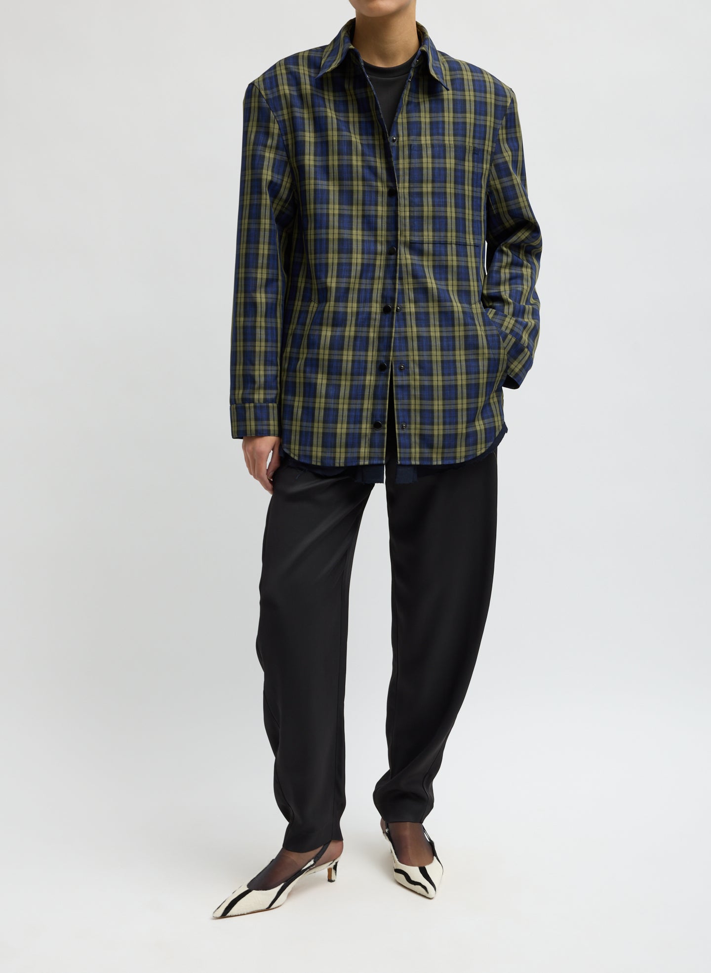 Techy Plaid Easy Shirt Jacket - Blue Multi Techy Twill Plaid Easy Shirt Jacket - front view on model