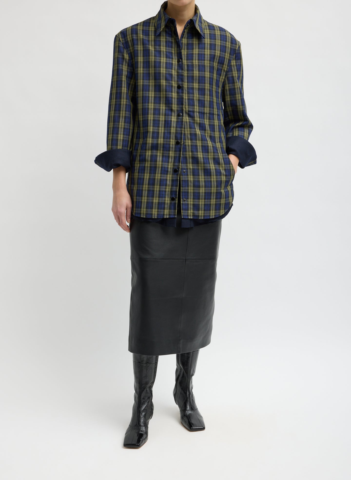 Blue Multi Techy Twill Plaid Easy Shirt Jacket - front view on model