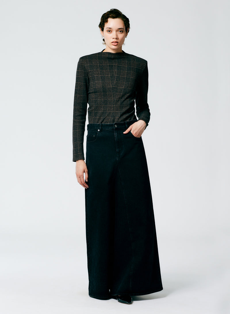Black Denim Godet Maxi Skirt Black-1