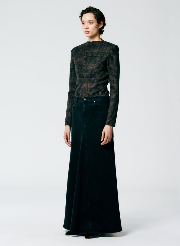 Black Denim Godet Maxi Skirt - Black-2
