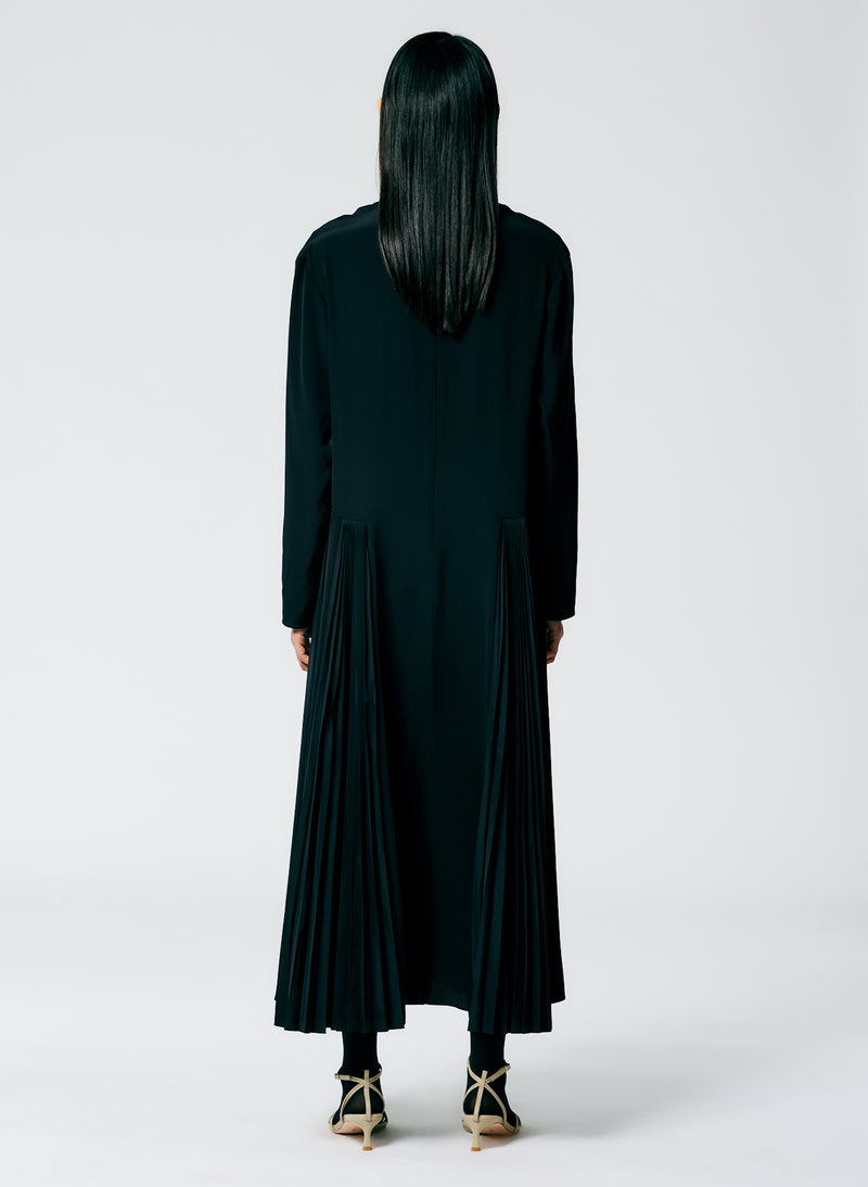 Eco Silk Pleated Godet Dress Black-3
